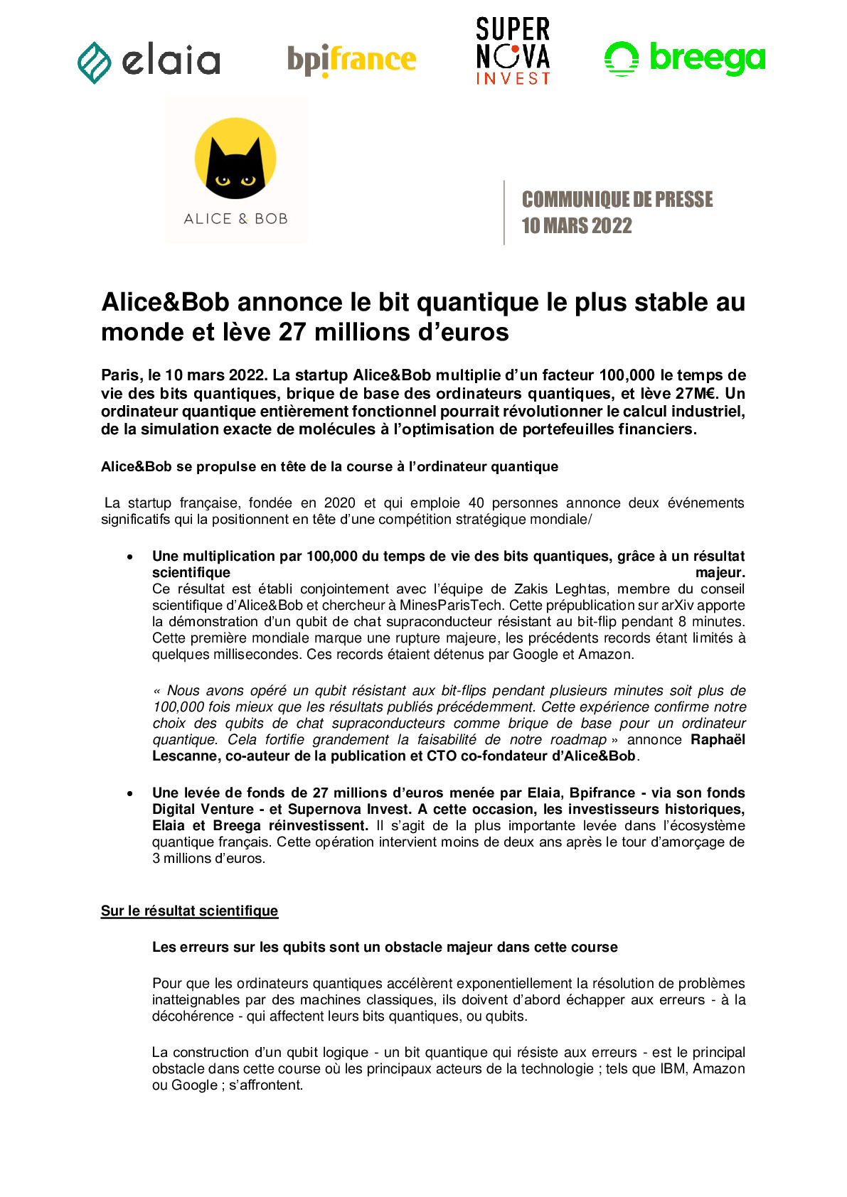 2022 03 10 – CP Bpifrance – AliceBob annonce le bit quantique le plus stable au monde et leve 27 millions deuros-pdf