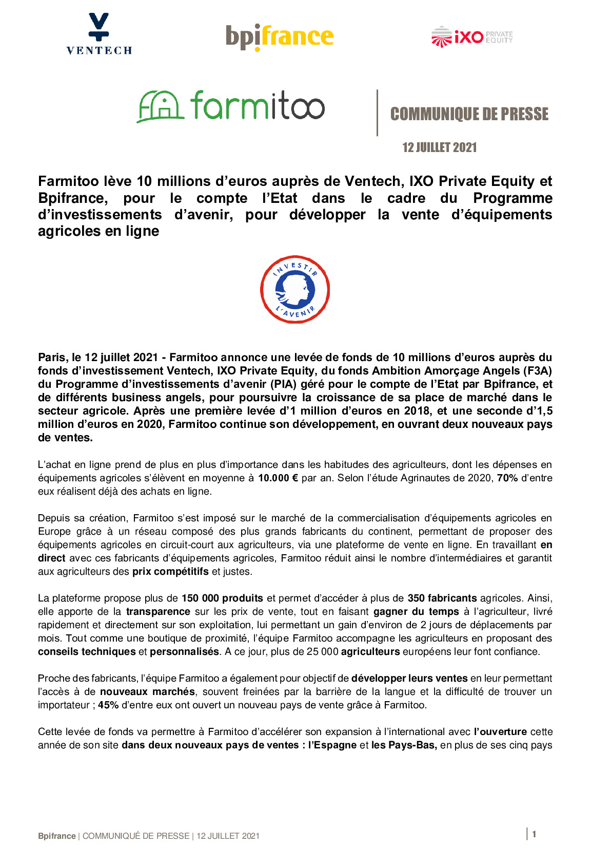 2021 07 12 – CP – Farmitoo leve 10 millions deuros aupres de Ventech IXO Private Equity et Bpifrance-pdf