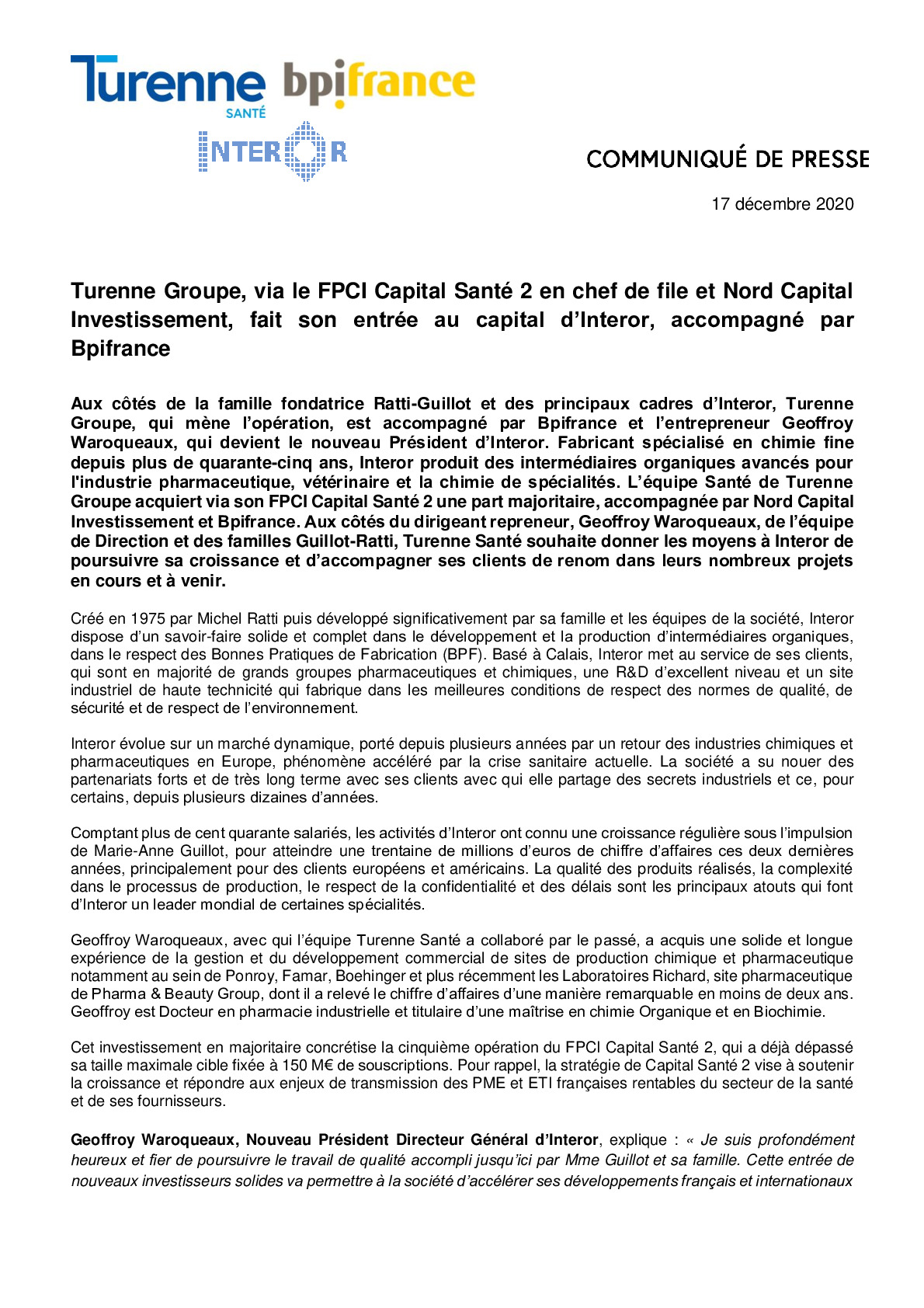 2020 12 17 – CP – Turenne Groupe accompagne par Bpifrance fait son entree au capital dInteror-pdf