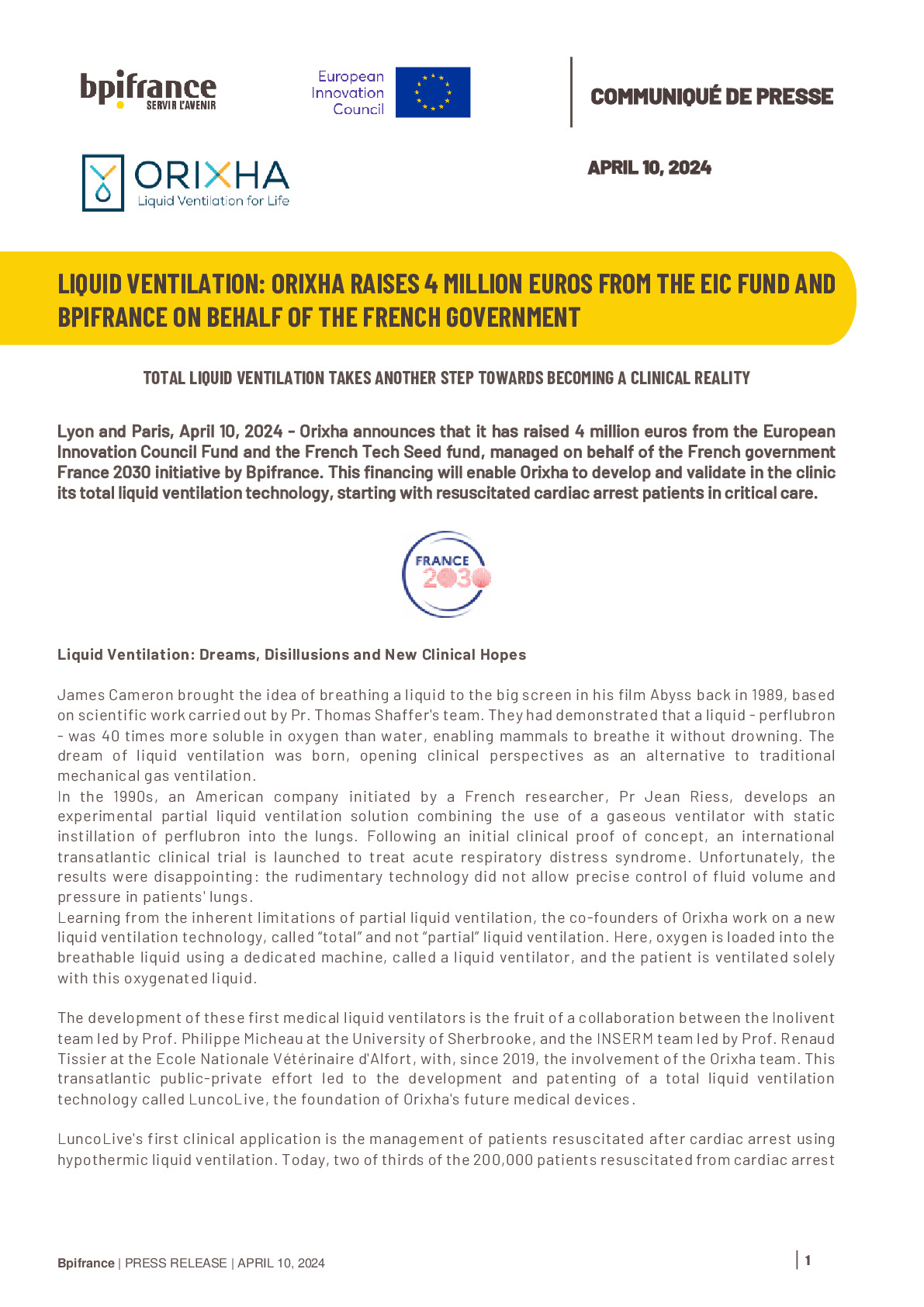 2024 04 10 – Orixha raises 4 million euros from the EIC Fund and Bpifrance on behalf of the French government-pdf