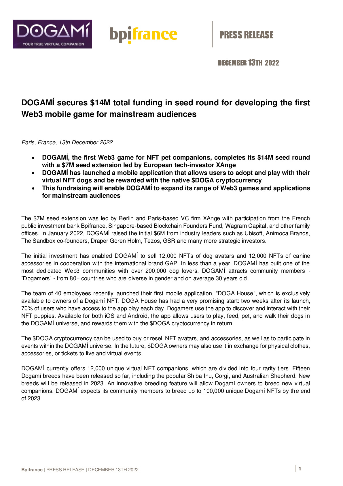 2022 12 13 PR – DOGAMÍ secures 14M total funding in seed round for developing the first Web3 mobile game for mainstream audiences.pdf