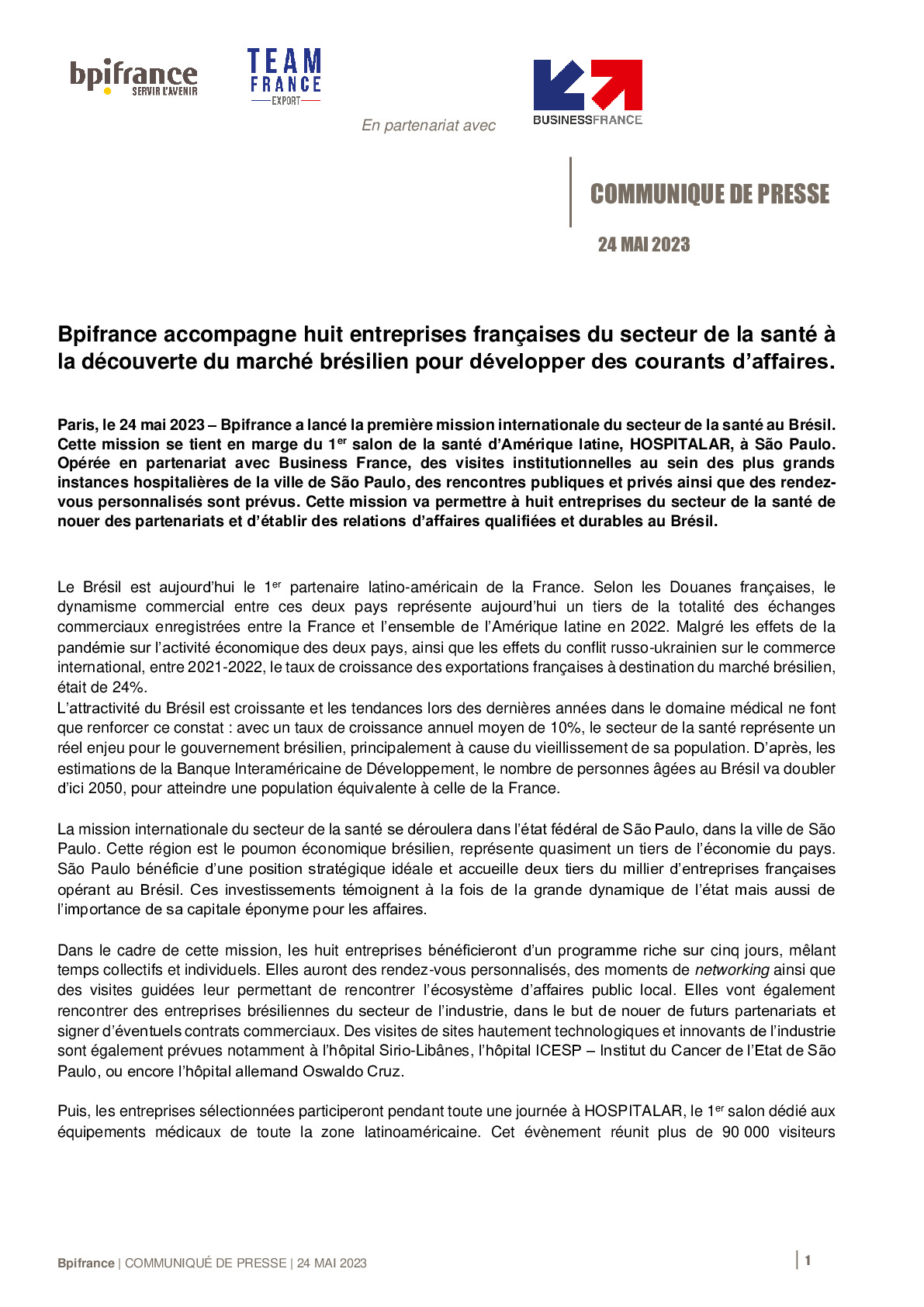 CP Bpifrance – Bpifrance accompagne huit entreprises françaises du secteur de la santé à la découverte du marché brésilien pour développer des courants d’affaires-pdf