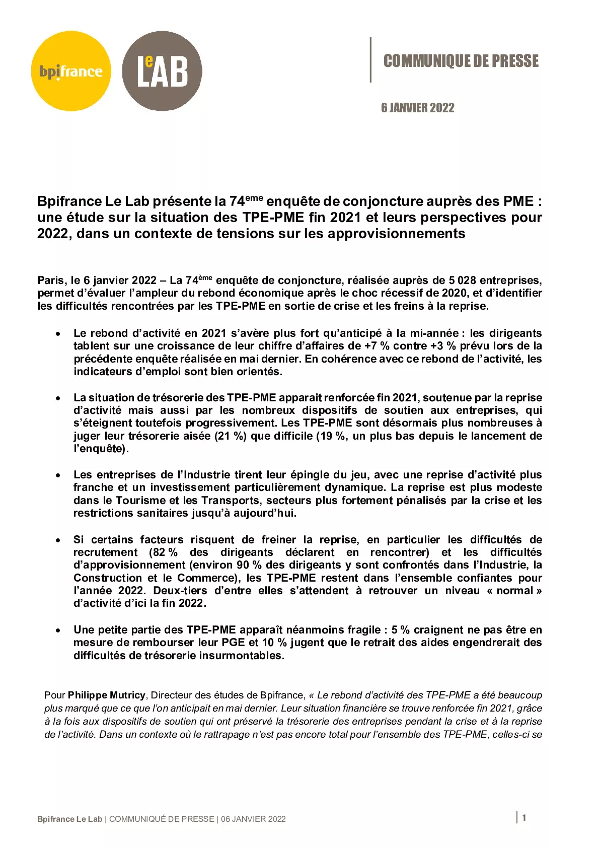 22 01 06 –  CP Bpifrance Le Lab – 74eme Etude semestrielle de conjoncture PME-pdf