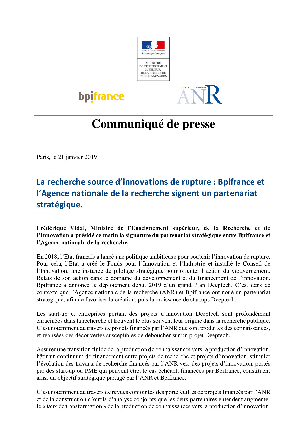 2019 01 21 – CP Bpifrance – ANR – partenariat Deep Tech-pdf
