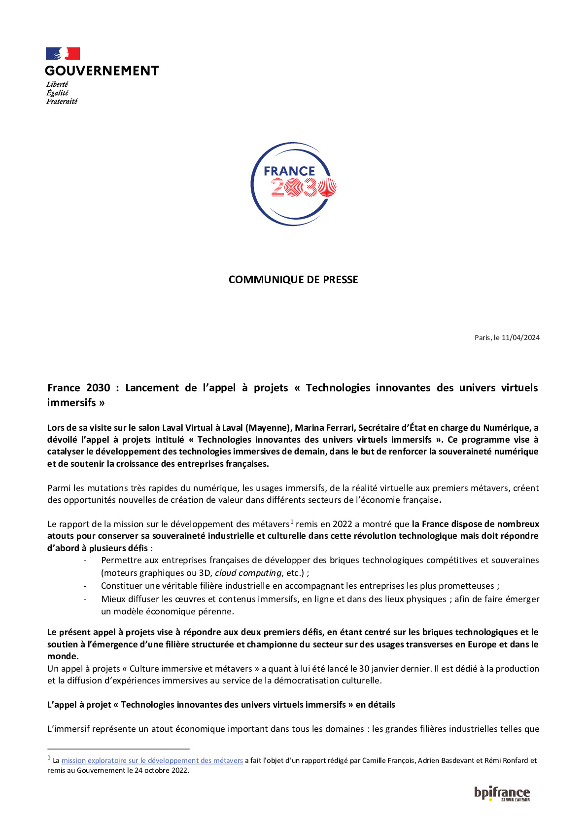 2024 04 11 – France 2030  Lancement de l’AAP Technologies innovantes des univers virtuels immersifs-pdf