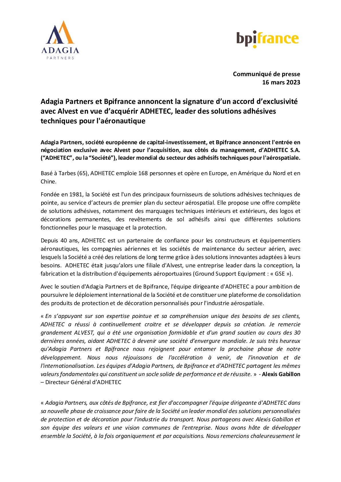 2023 03 06 – CP Adagia Partners et Bpifrance annoncent la signature d’un accord d’exclusivité avec Alvest en vue d’acquérir ADHETEC, leader des solutions adhésives techniques pour l’aéronautique-pdf