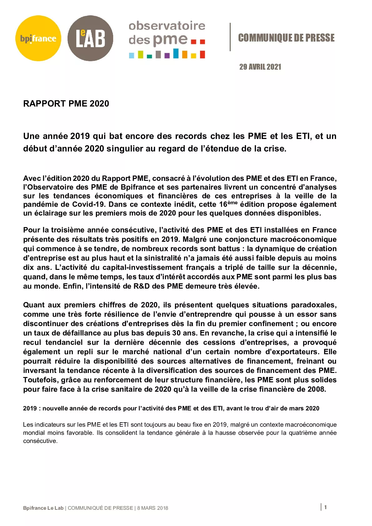 2021 04 29 – CP Bpifrance Le Lab – Observatoire des PME – Rapport PME 2020-pdf