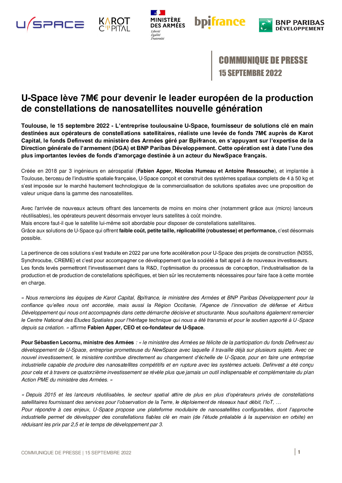 2022 09 15 – CP U-Space leve 7M pour devenir le leader europeen de la production de constellations de nanosatellites nouvelle generation-pdf