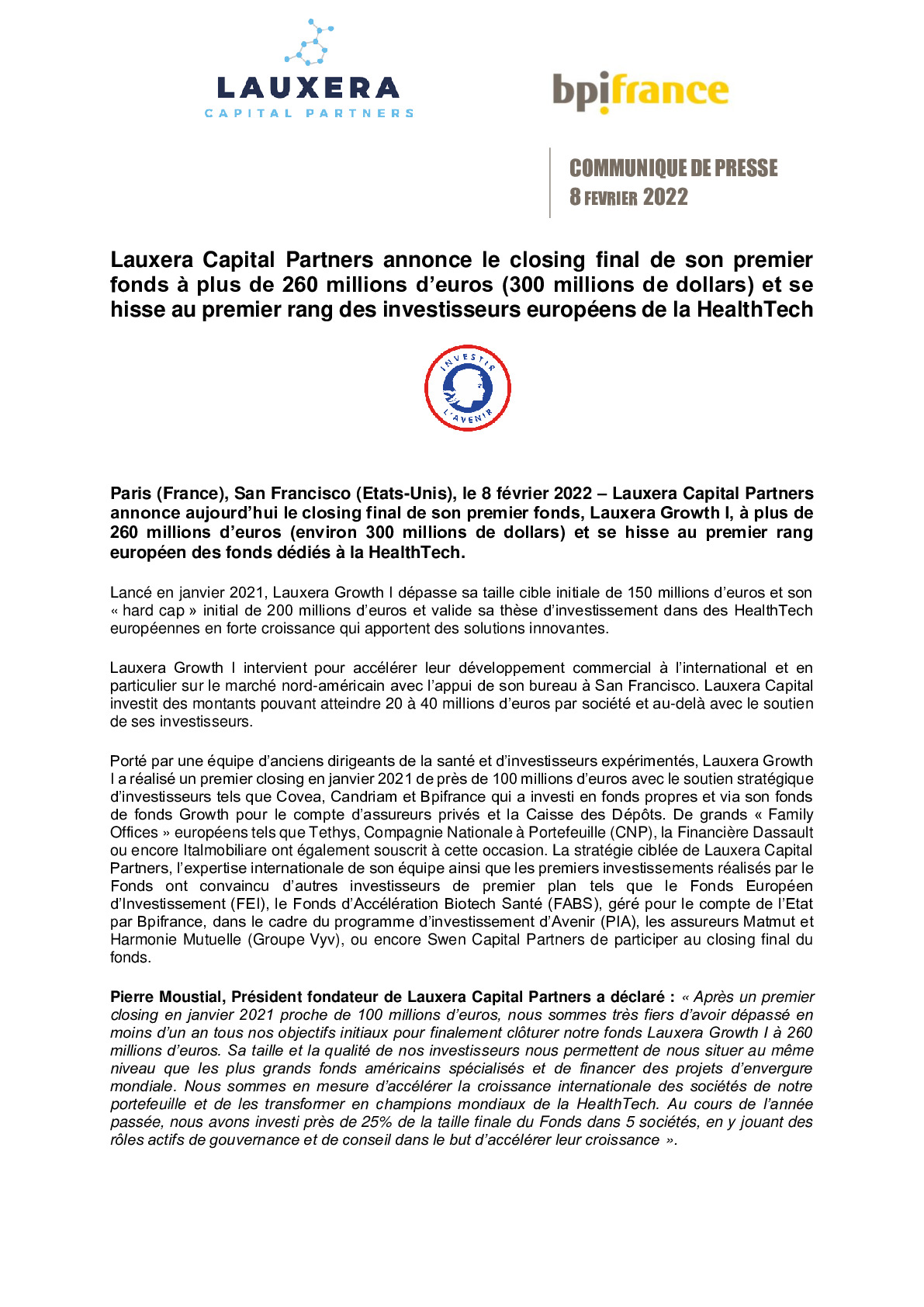 2022 02 08 – CP Bpifrance – Lauxera Capital Partners annonce le closing final de son premier fonds a plus de 260M-pdf