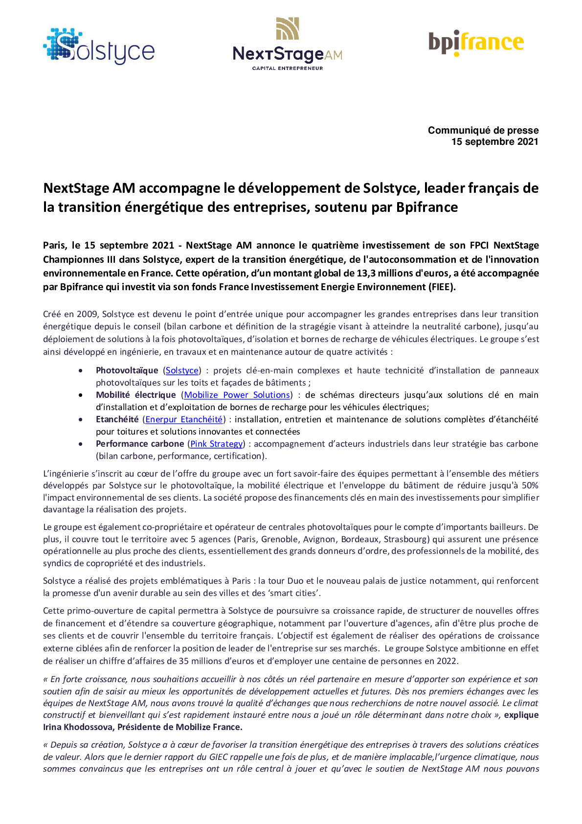 2021 09 15 – CP NextStage AM accompagne le developpement de Solstyce leader francais de la transition energetique des entreprises soutenu par Bpifrance -pdf