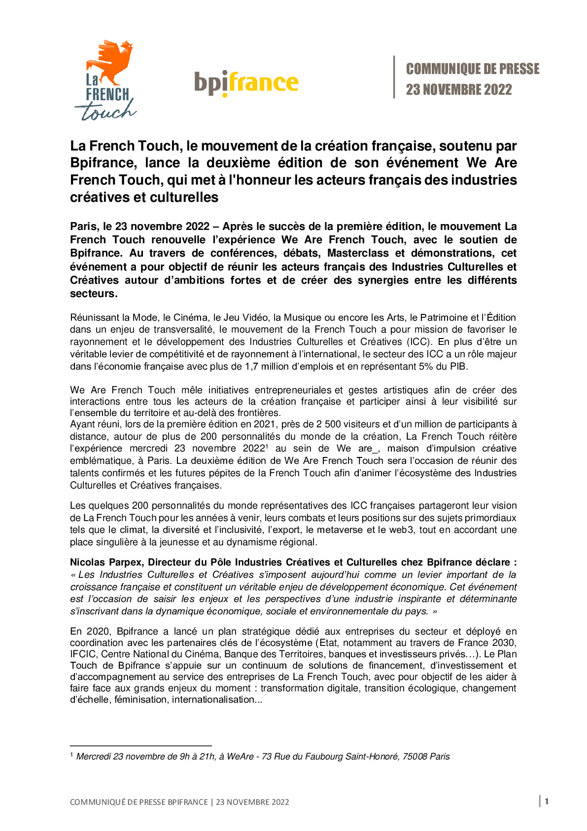 2022 11 23 – La French Touch soutenue par Bpifrance lance la deuxieme edition de son evenement We Are French Touch-pdf