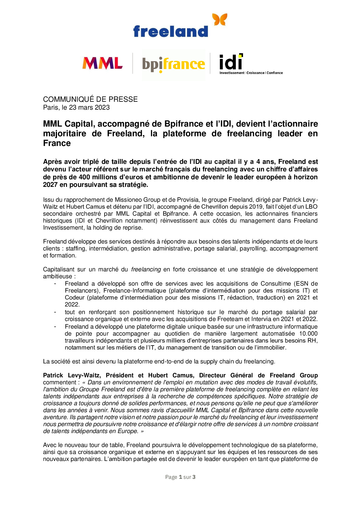 2023 03 23 – CP – MML Capital, accompagné de Bpifrance et l’IDI, devient l’actionnaire majoritaire de Freeland-pdf