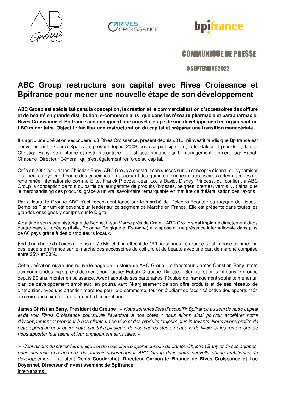 2022 09 09 – CP ABC Group restructure son capital avec Rives Croissance et Bpifrance pour mener une nouvelle etape de son developpement-pdf