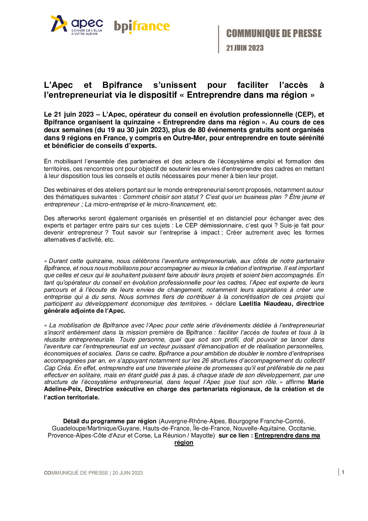 2023 06 21 – CP Bpifrance – L’Apec et Bpifrance s’unissent pour faciliter l’accès à l’entrepreneuriat via le dispositif « Entreprendre dans ma région »-pdf
