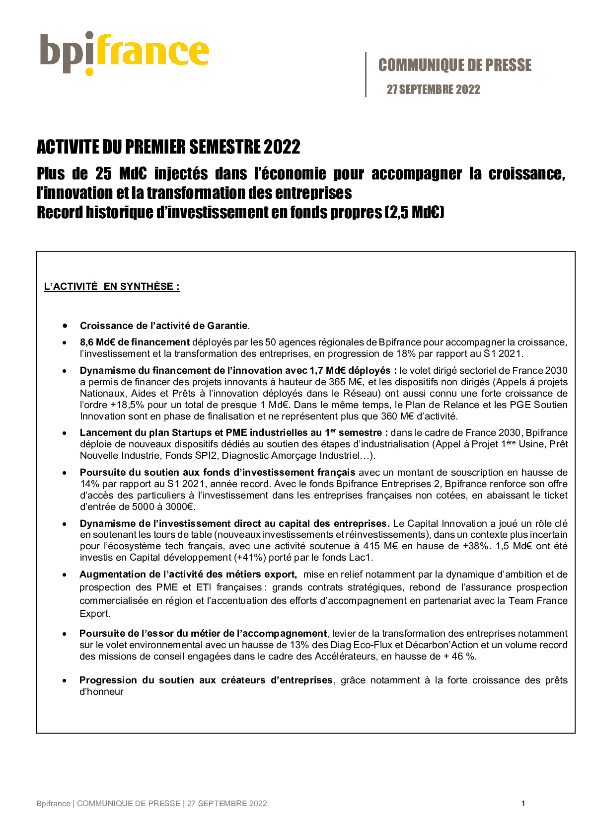 2022 09 27 – CP Bpifrance Bilan Activite S1 2022-pdf