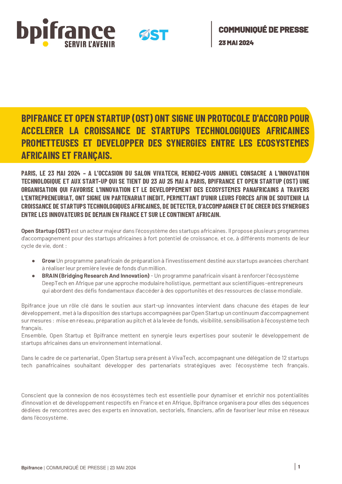 2024 05 23 – CP Bpifrance – Bpifrance et OST Tunisie ont signé un protocole d’accord pour accélérérer la croissance de startups technologiques africaines