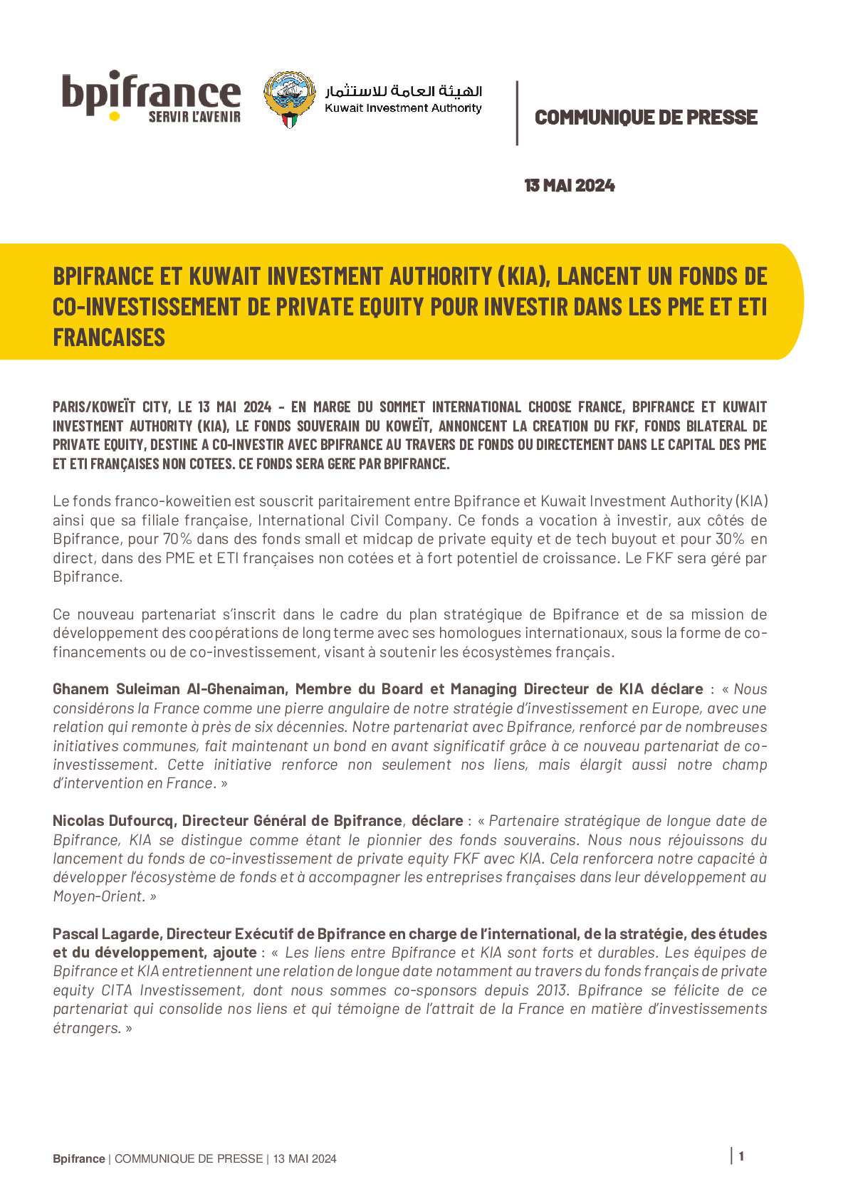 2024 05 13 – Cp Bpifrance – Bpifrance et le Koweit Investment Authority lancent un fonds private equity de co-investissement pour investir dans les PME et ETI