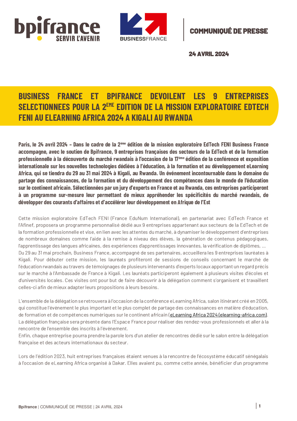 2024 04 24 – CP Bpifrance –  Business France et Bpifrance dévoilent les 9 entreprises sélectionnées pour la 2e édition de la mission exploratoire Edtech Feni E-learning Africa 2024-pdf