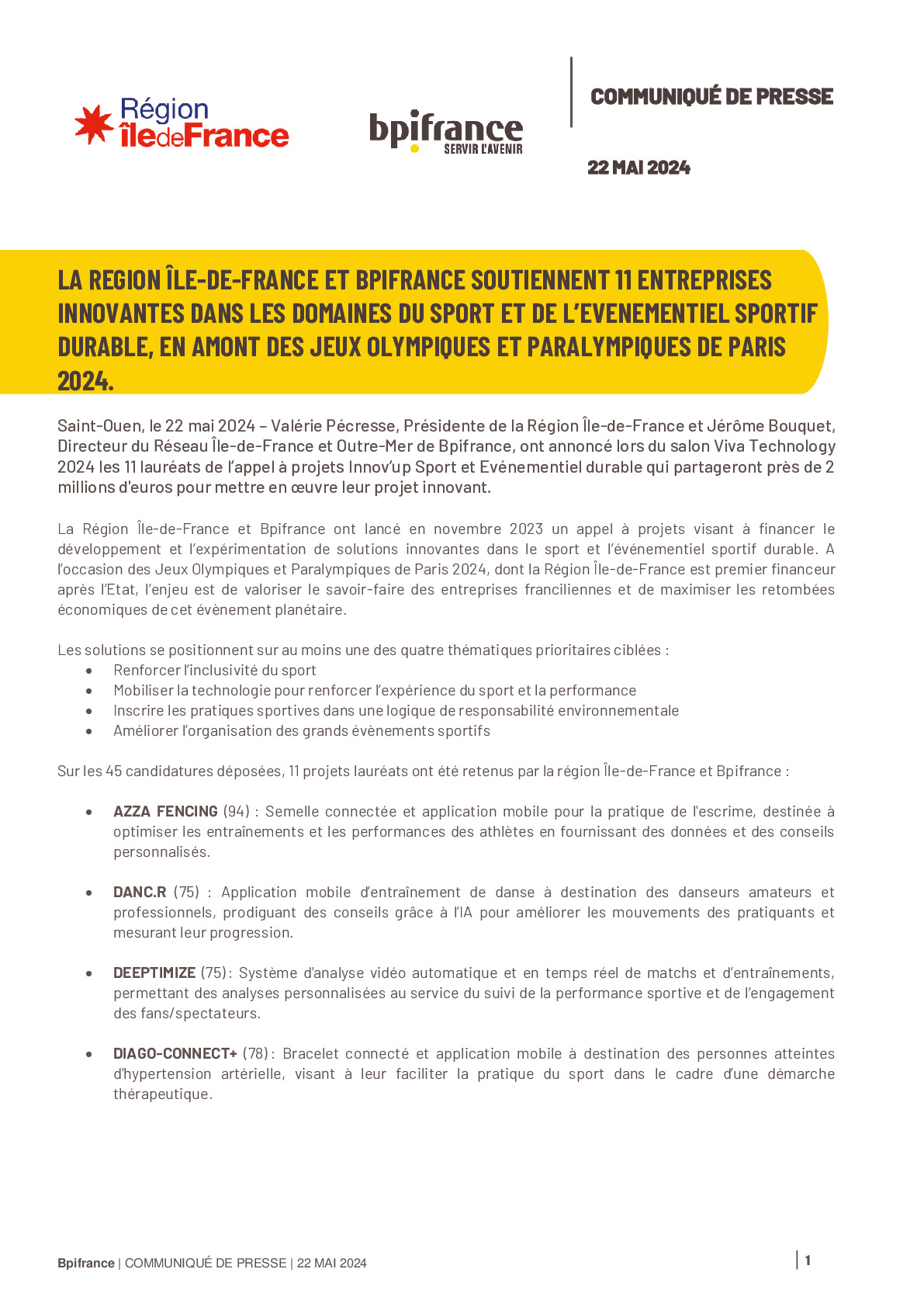 2024 05 22 CP – La région Île-de-France et Bpifrance soutiennent 11 entreprises innovantes dans les domaines du sport et de lévénementiel sportif durable