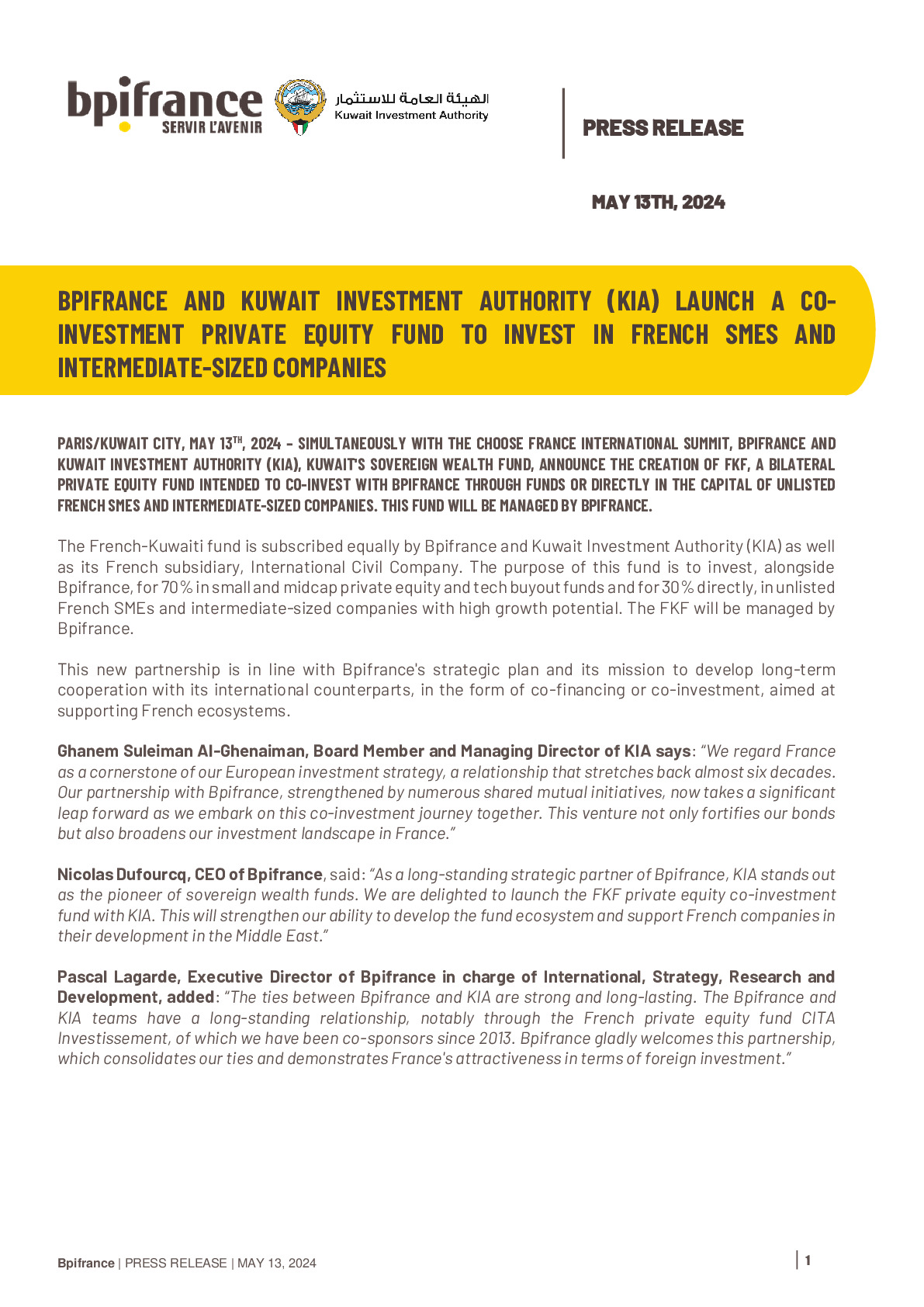 2024 05 13 – Bpifrance Press Release – Bpifrance and Kuwait Investment Authority launch a private equity co investment fund to invest in French SMES and MID-CAPS EN