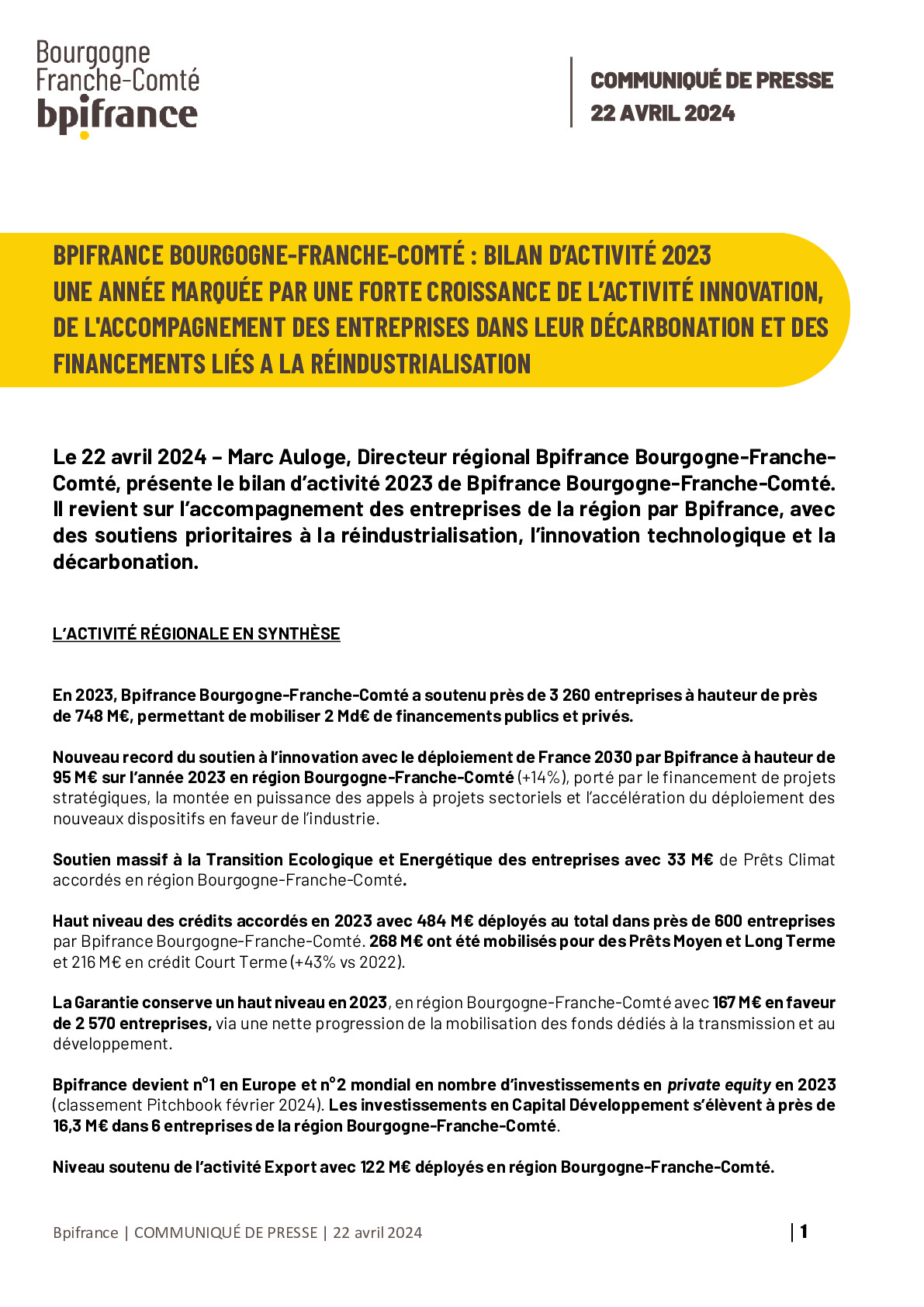 2024 04 22 – CP Bpifrance – Bpifrance Bourgogne Franche Comté bilan d’activité 2023 une année marquée par une forte croissance de l’activité innovation de l’accompa-pdf