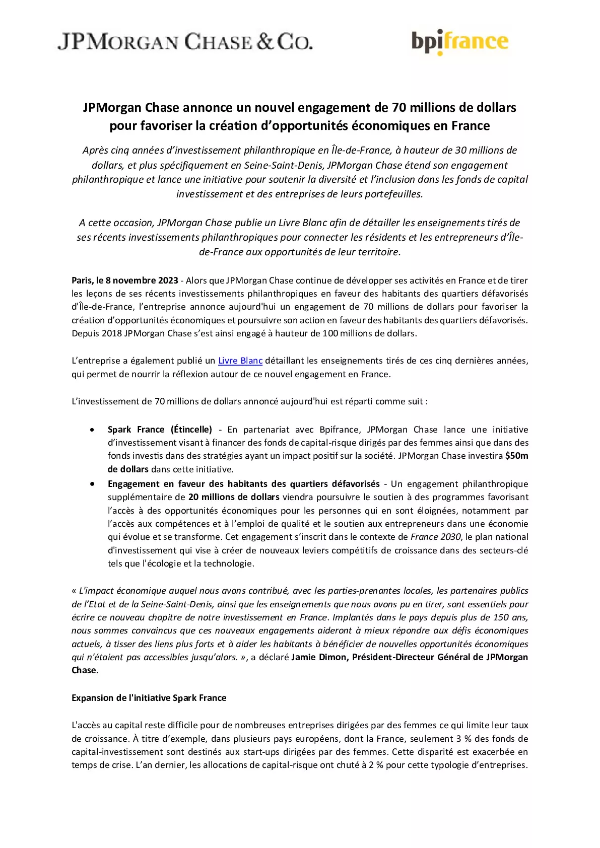 2023 11 08 – CP JPMorgan Chase annonce un nouvel engagement de 70 millions de dollars pour favoriser la création dopportunités économiques en France