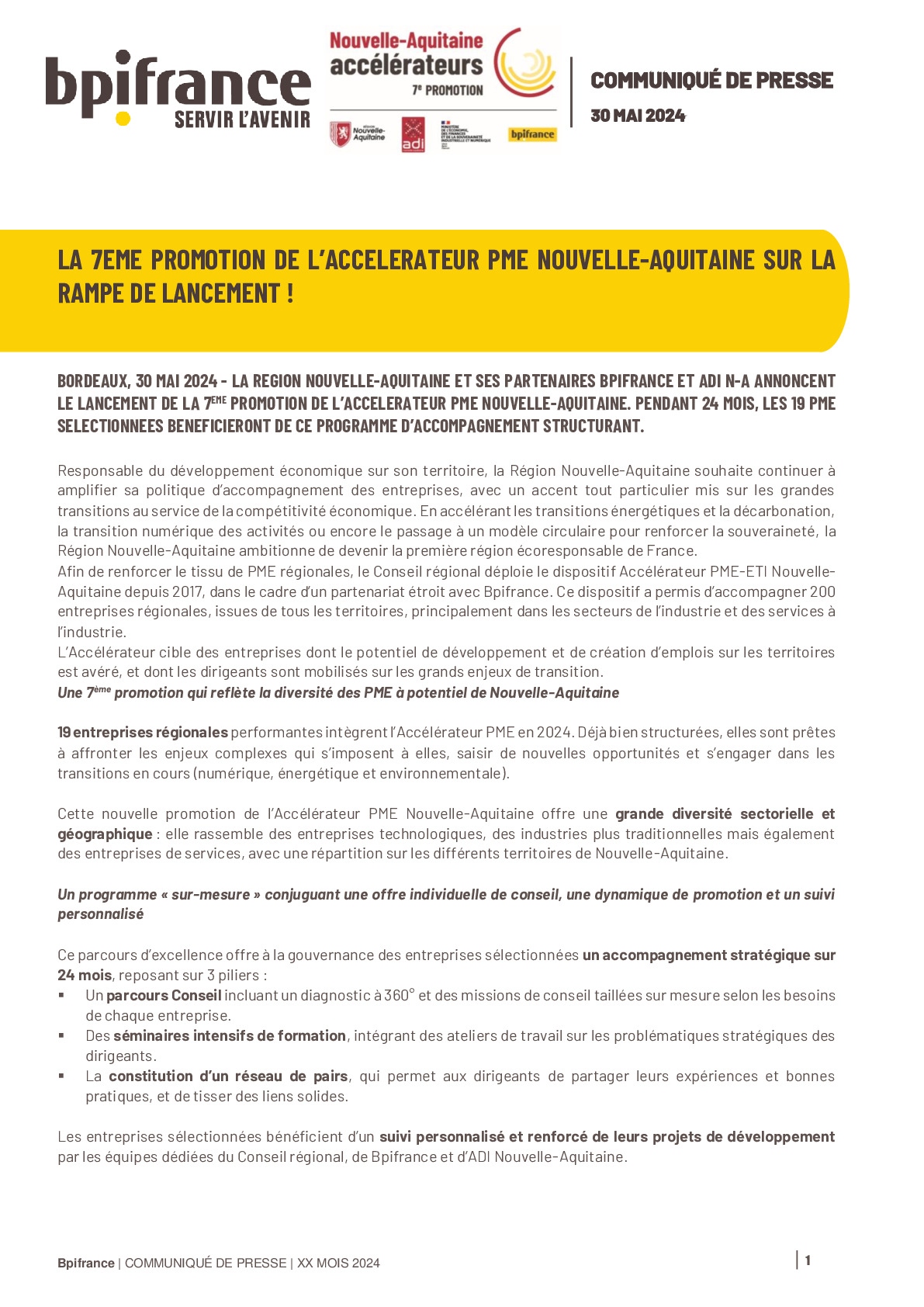 2024 30 05 – Bpifrance – Communiqué de presse – La 7ème promotion de l’Accélérateur PME Nouvelle-Aquitaine sur la rampe de lancement !