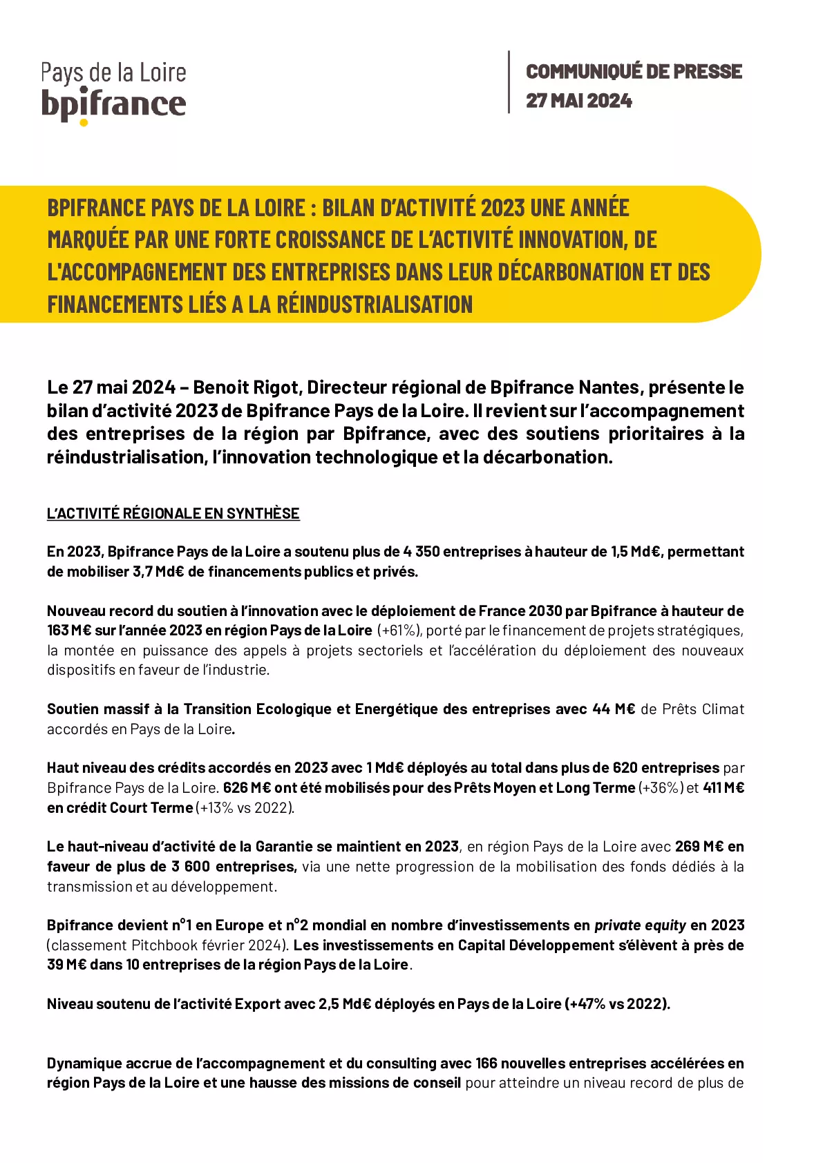 CP Bilan d’activité Bpifrance Pays de la Loire 2023