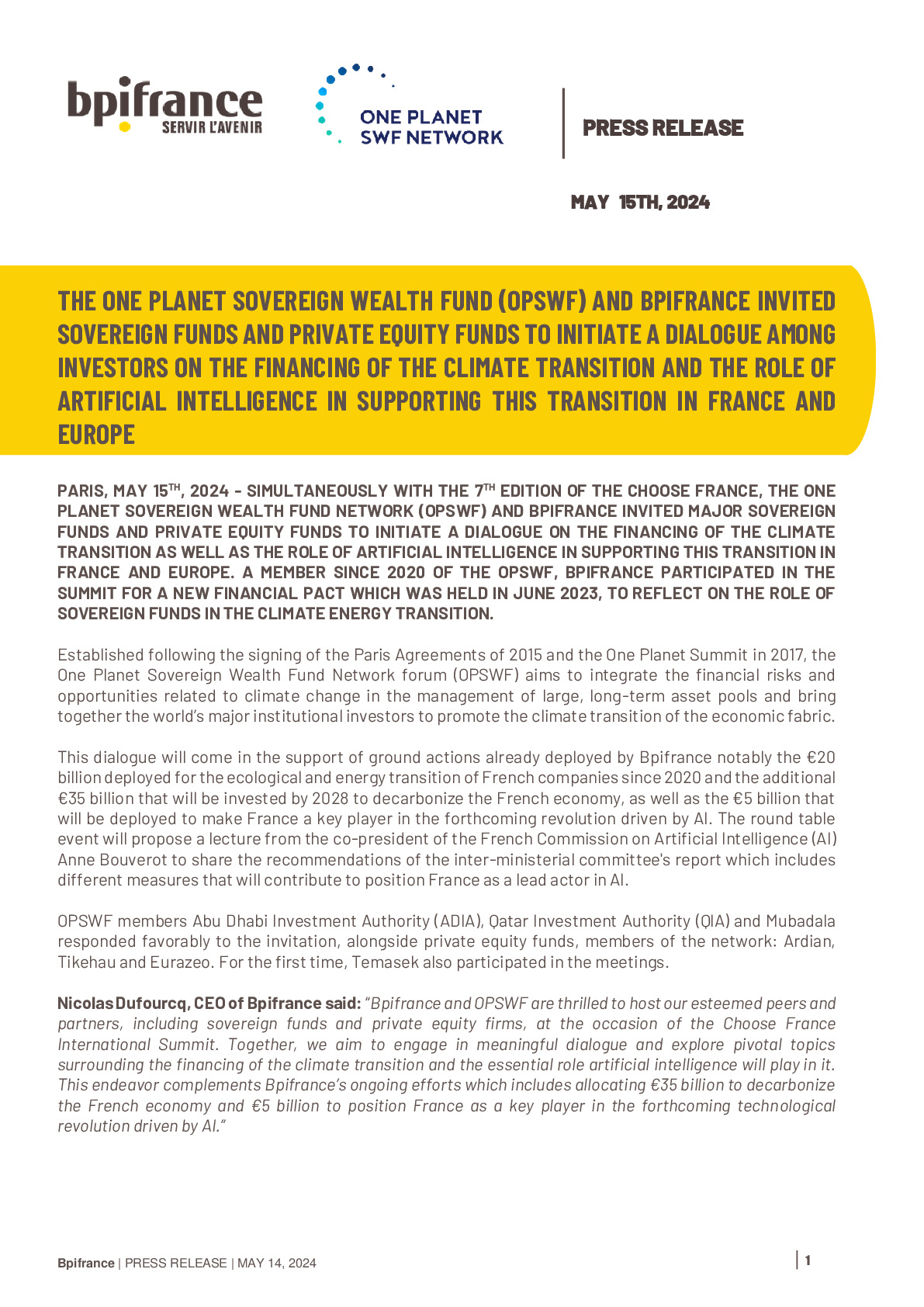 2024 04 15 – PR Bpifrance – The OPSWF and Bpifrance invited sovereign funds and asset managers to initiate a dialogue on climate transition eng