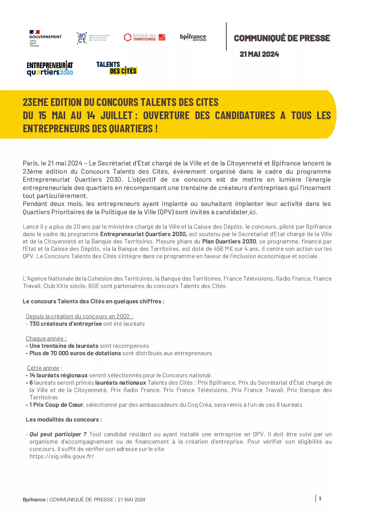 2024 05 21 – CP – 23EME EDITION DU CONCOURS TALENTS DES CITES
