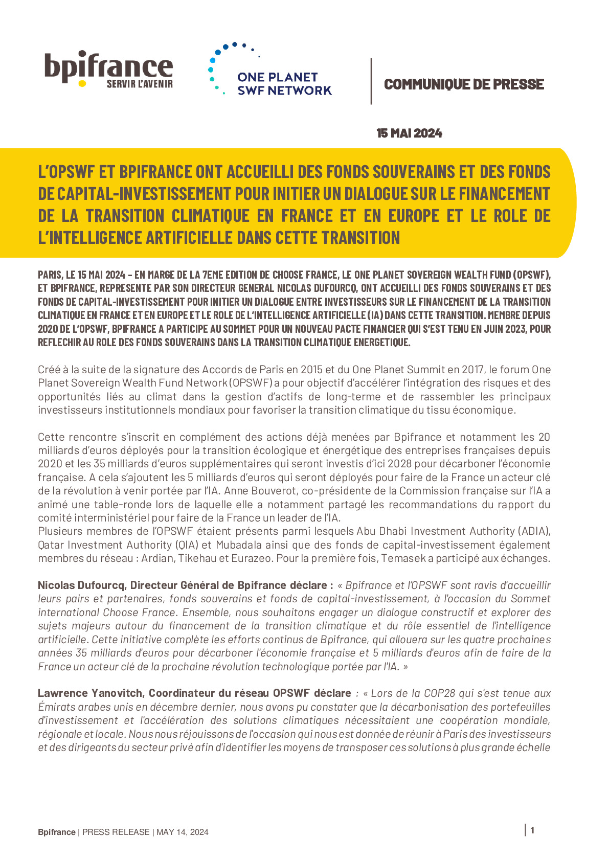 2024 04 15 – PR Bpifrance – OPSWF et Bpifrance ont accueilli des fonds souverains et des fonds de capital investissement pour initier un dialogue sur le financement FR
