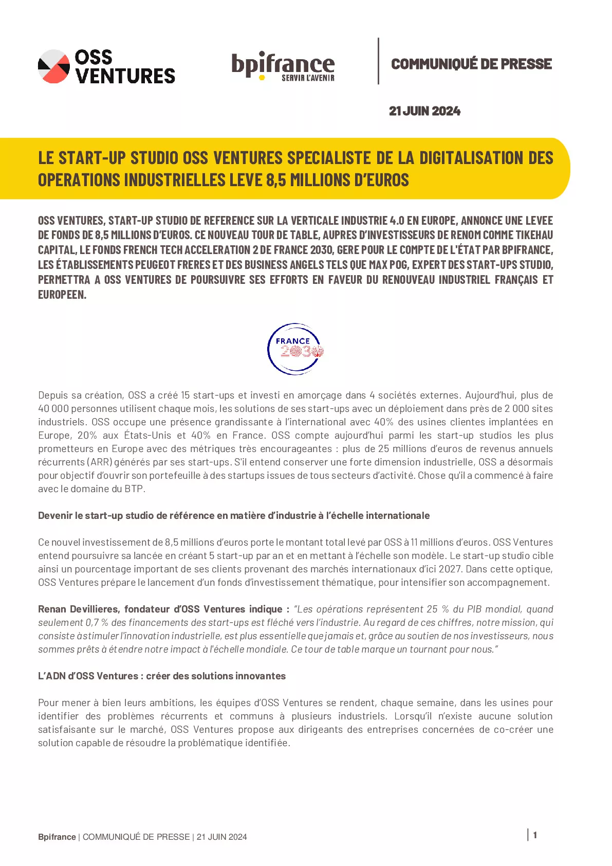 2024 06 21 – LE START-UP STUDIO OSS VENTURES LEVE 8,5 MILLIONS D’EUROS AFIN D’ACCELERER LA TRANSITION VERS L’AVENIR DES OPERATIONS