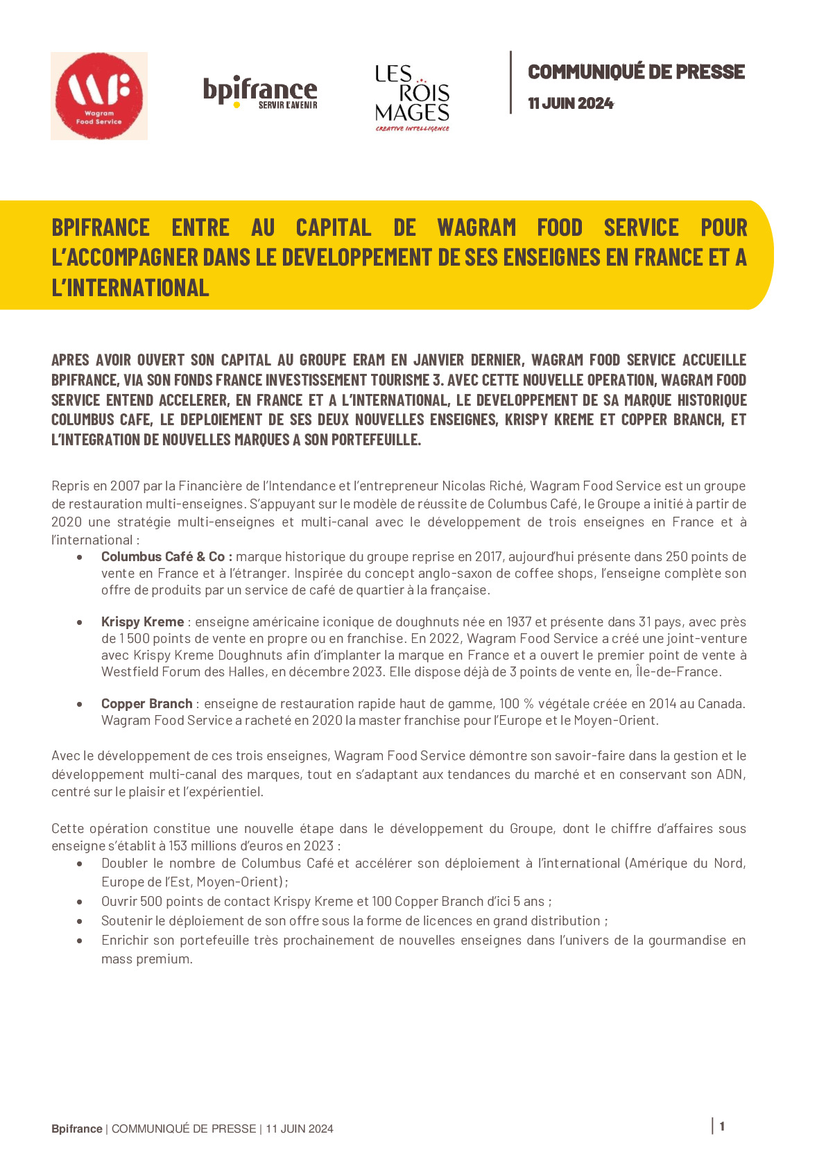 2024 06 11 – Bpifrance entre au capital de Wagram Food Service