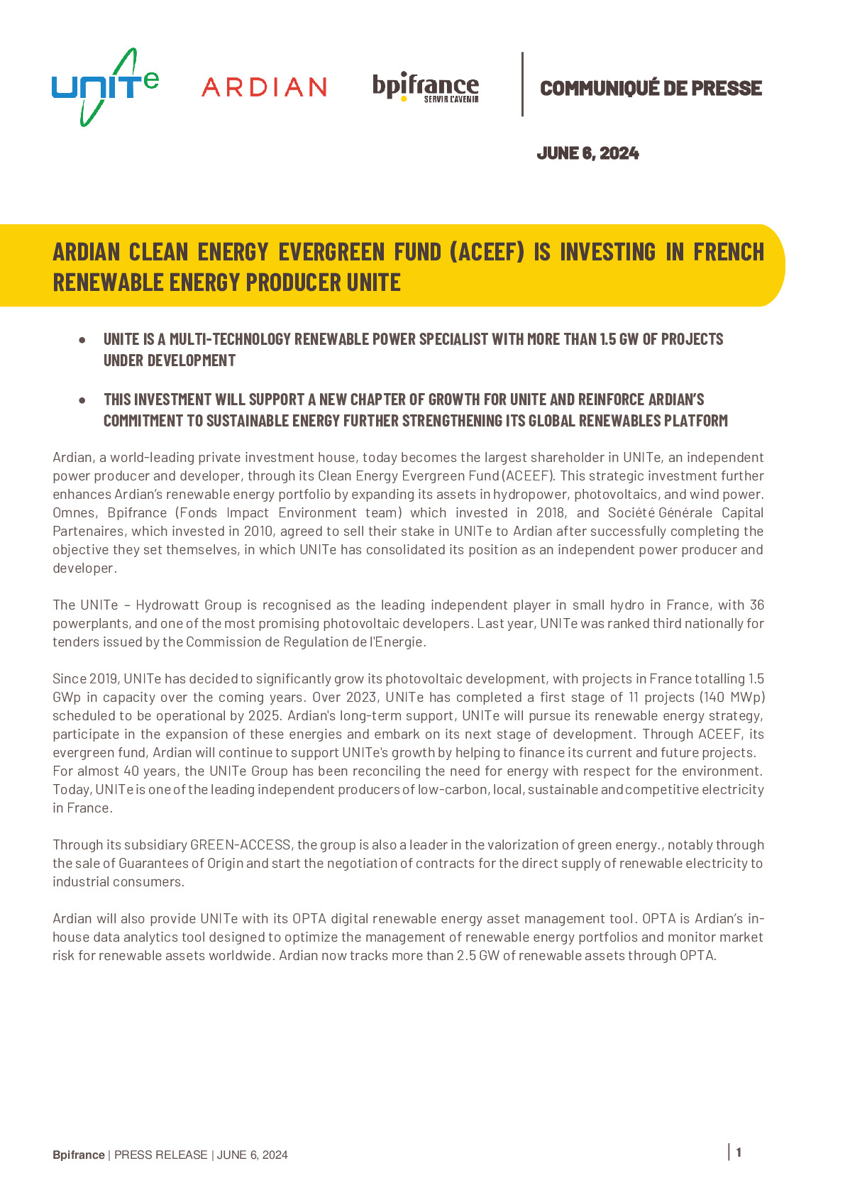 2024 06 06 – PR Ardian Clean Energy Evergreen Fund (ACEEF) invests in French independent renewable energy producer and developer UNITe