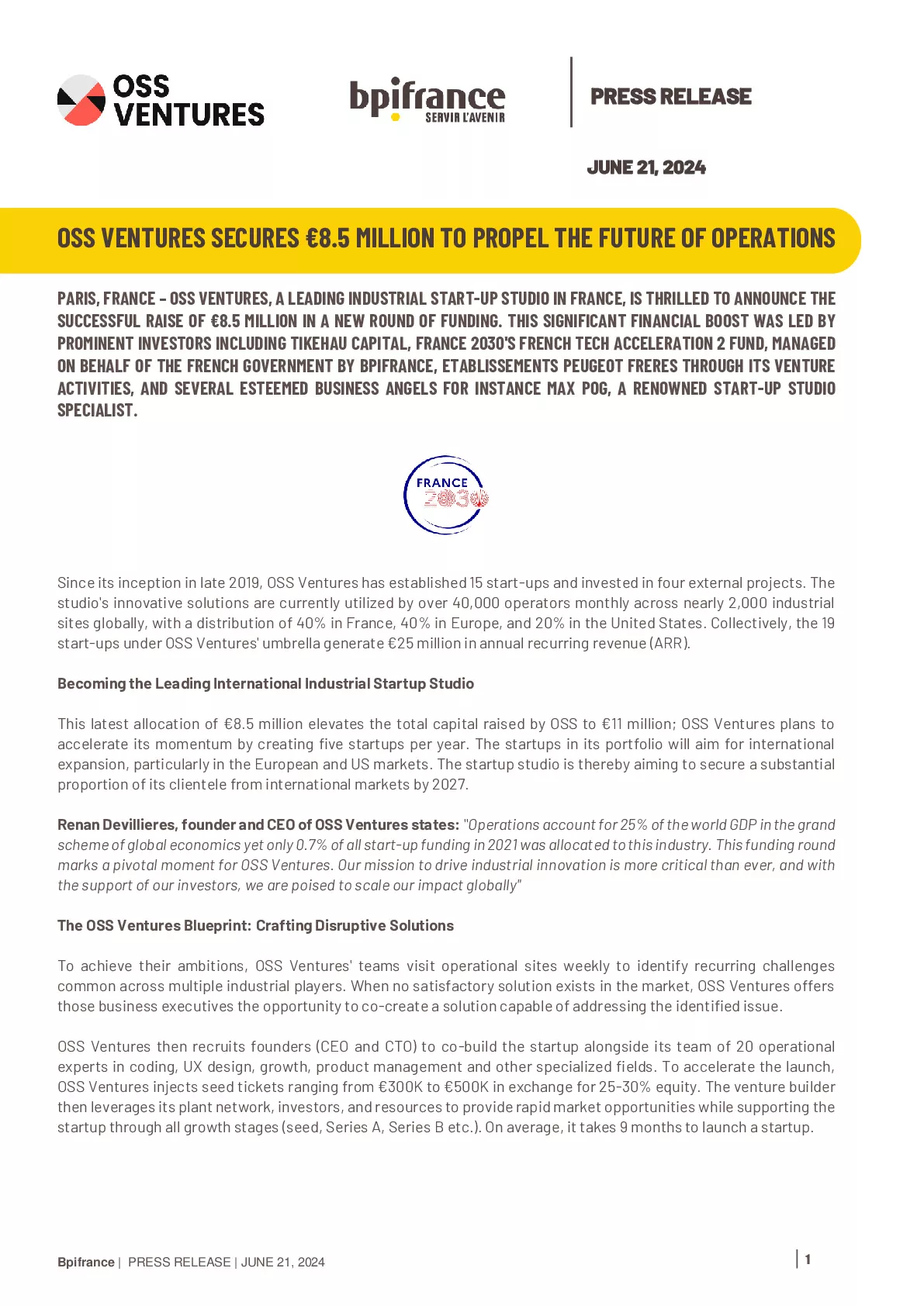 2024 06 21 – PR OSS VENTURES SECURES €8.5 MILLION TO PROPEL THE FUTURE OF OPERATIONS