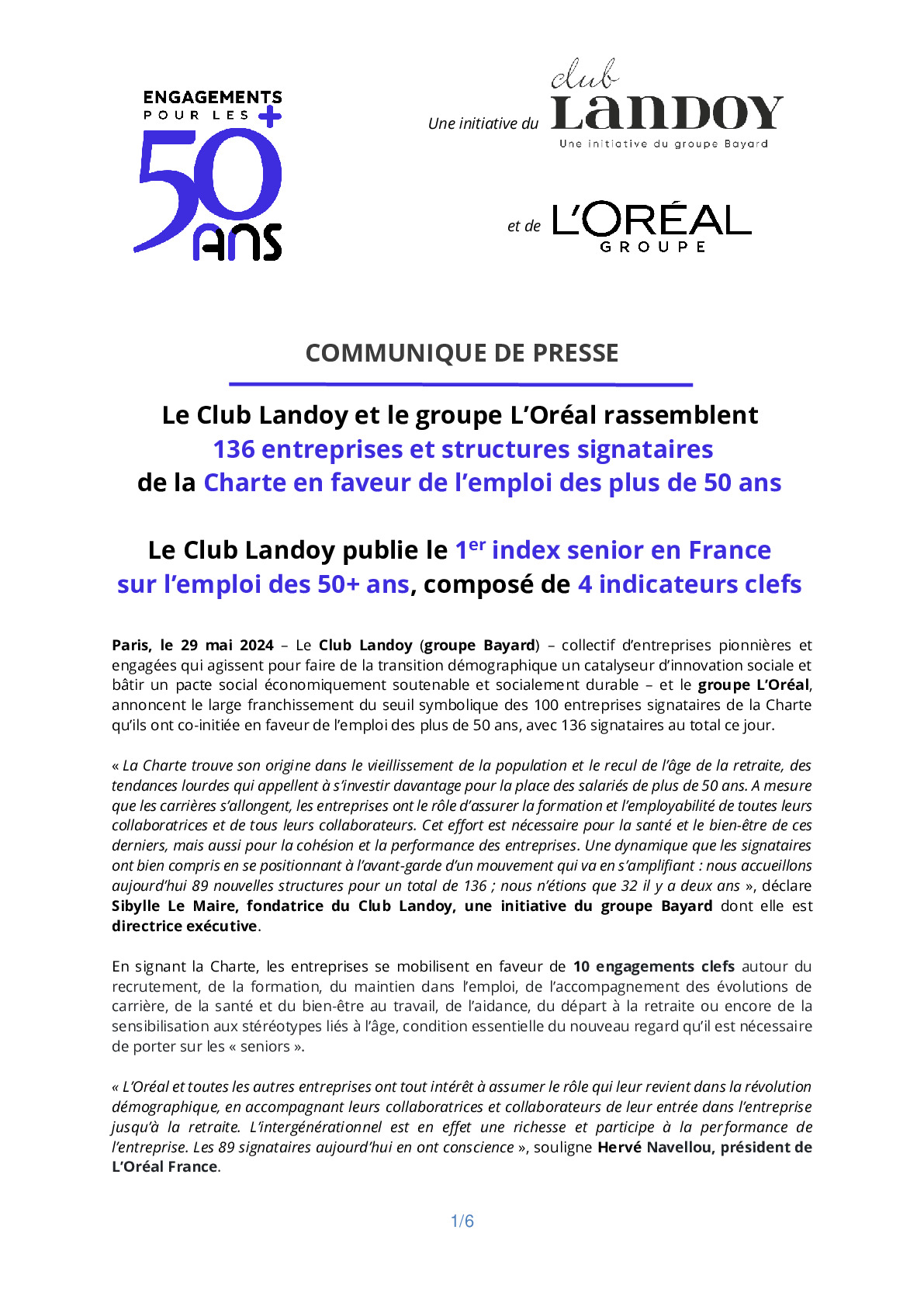 2024-05-29_CP_Le Club Landoy et le groupe L’Oréal rassemblent 136 entreprises et structures signataires de la Charte en faveur de l’emploi des plus de 50 ans