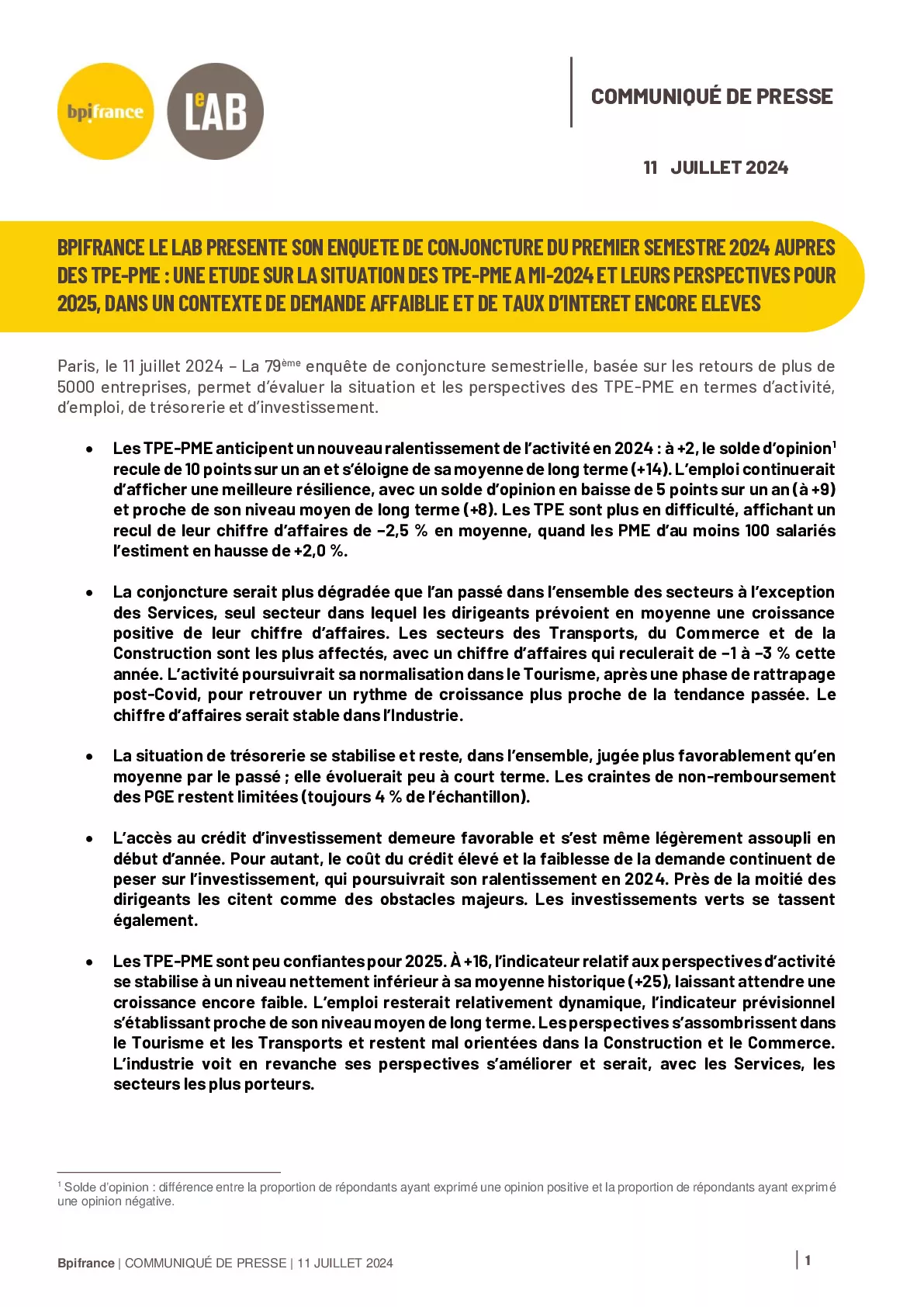 2024 07 11 – CP Bpifrance Le Lab – 79e Enquête de conjoncture PME