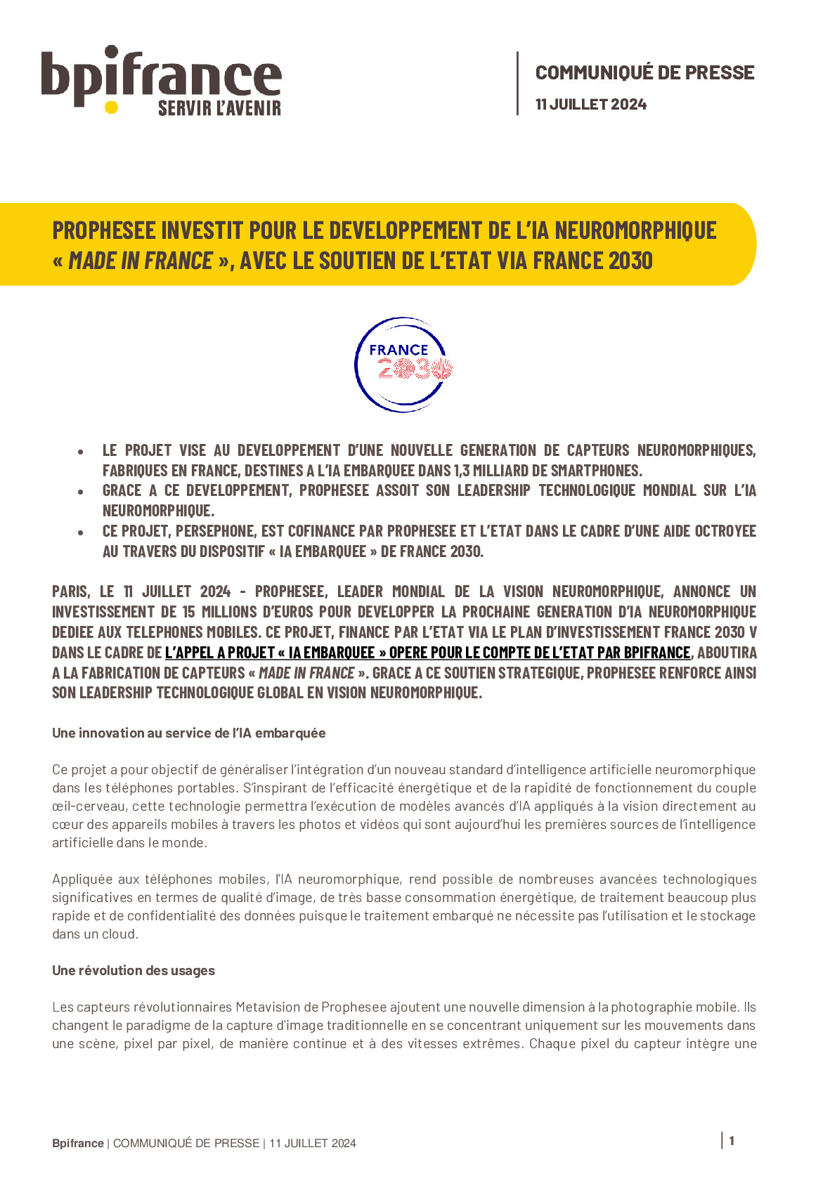 2024 07 11 – Bpifrance – Communiqué de presse – PROPHESEE INVESTIT POUR LE DEVELOPPEMENT DE L’IA NEUROMORPHIQUE