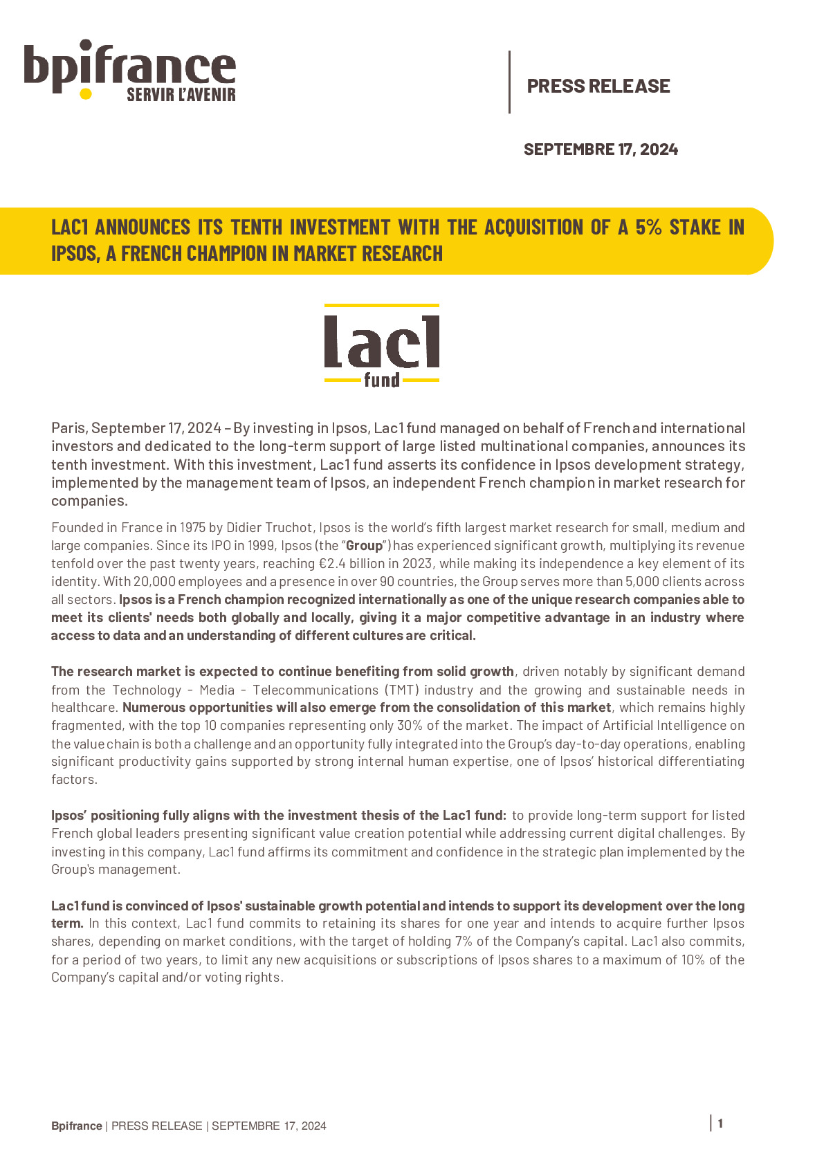 2024 09 17 – PR LAC1 ANNOUNCES ITS TENTH INVESTMENT WITH THE ACQUISITION OF A 5% STAKE IN IPSOS