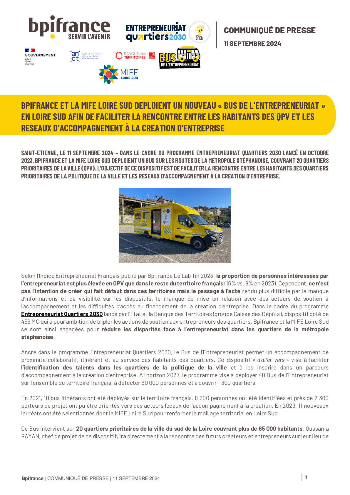 2024 09 12 – Communiqué de presse – Bpifrance et la MIFE Loire Sud déploient un nouveau Bus de l’Entrepreneuriat