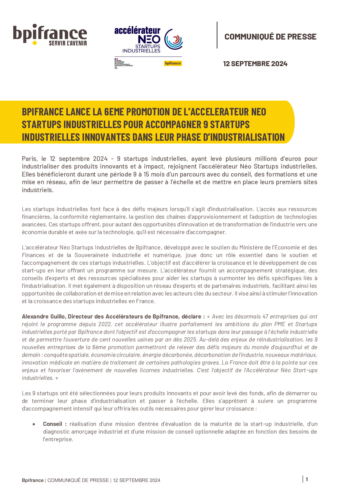 2024 09 12 CP – Bpifrance lance la 6ème promotion de lAccélérateur Néo Startups industrielles