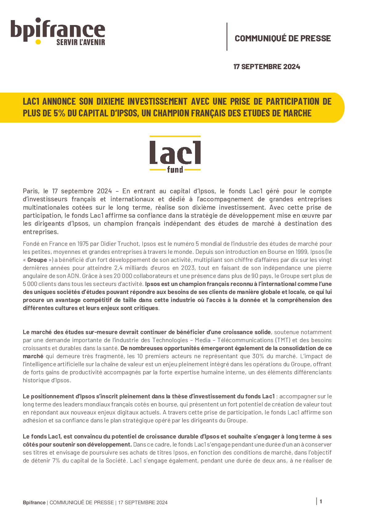 2024 09 17 – CP LAC1 ANNONCE SON DIXIEME INVESTISSEMENT AVEC UNE PRISE DE PARTICIPATION DE PLUS DE 5% DU CAPITAL D’IPSOS