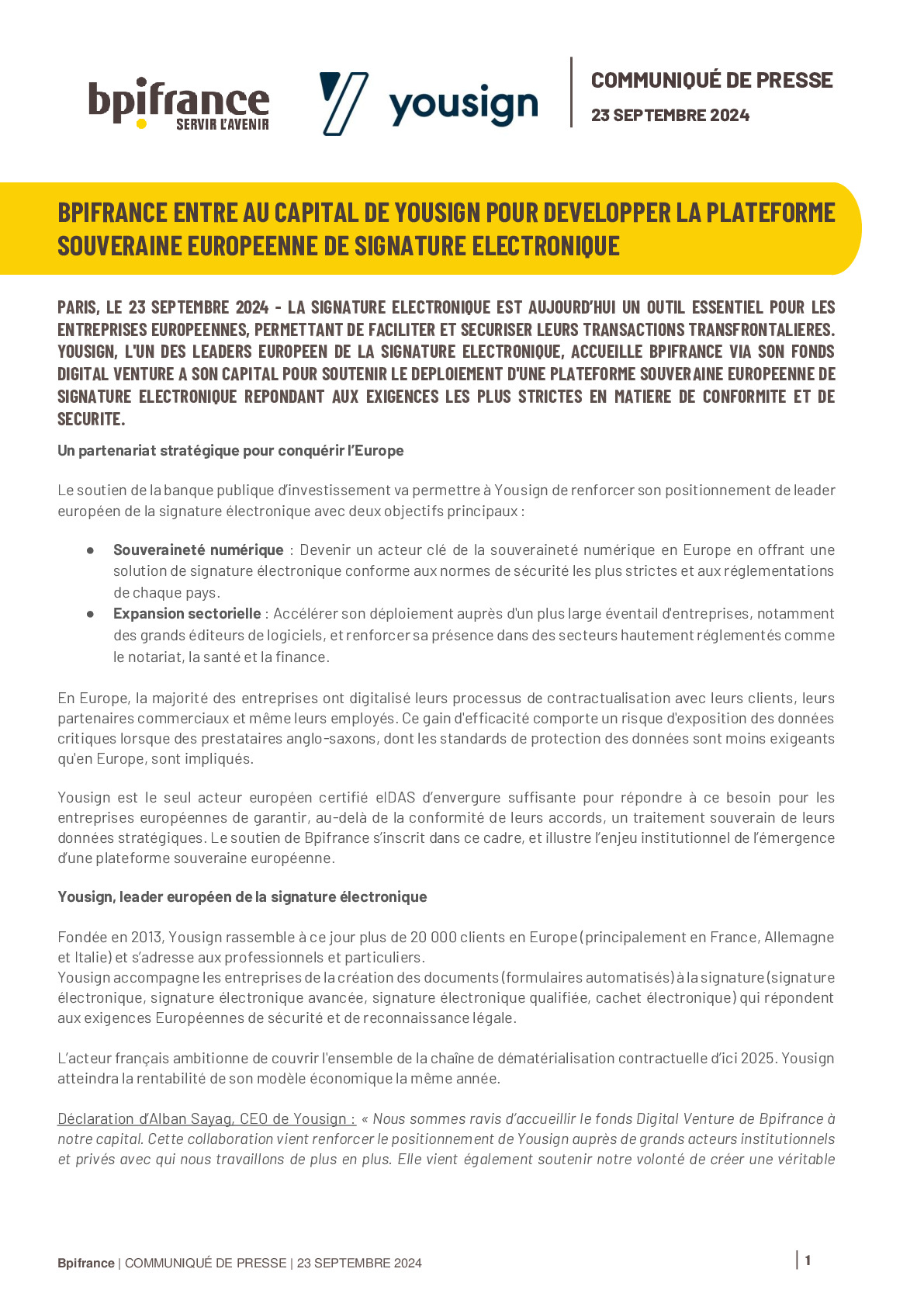 2024 09 23 – BPIFRANCE ENTRE AU CAPITAL DE YOUSIGN POUR DEVELOPPER LA PLATEFORME SOUVERAINE EUROPEENNE DE SIGNATURE ELECTRONIQUE