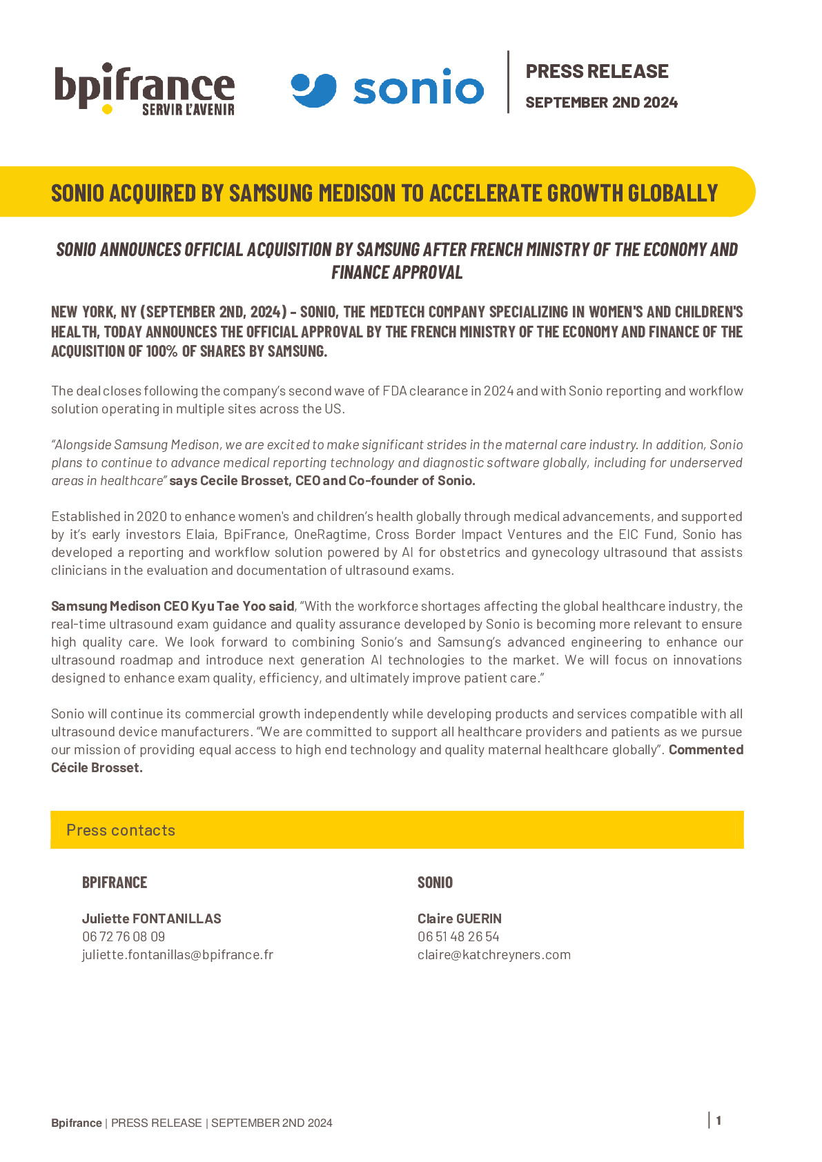 2024 09 02 -Press Release Bpifrance – Sonio acquired by Samsung Medison to accelerate growth globally