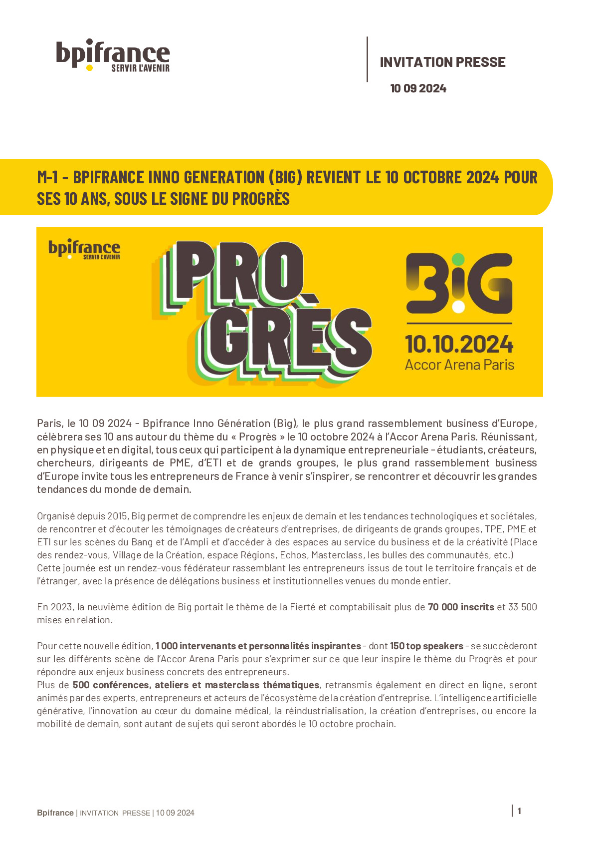 2024 09 10 – M-1 – Bpifrance Inno Generation (BIG) revient le 10 octobre 2024 pour ses 10 ans, sous le signe du Progrès