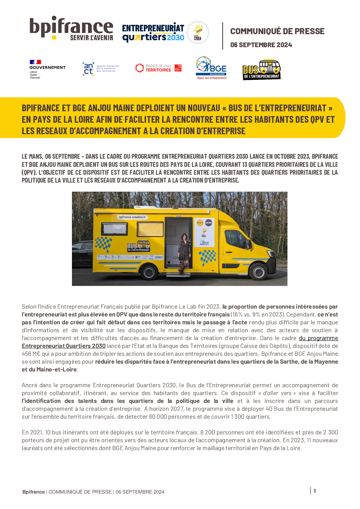2024 09 06 – Bpifrance – Communiqué de presse – Bpifrance et BGE Anjou Maine deploient un nouveau « Bus De l’Entrepreneuriat » en Pays De La Loire afin de faciliter