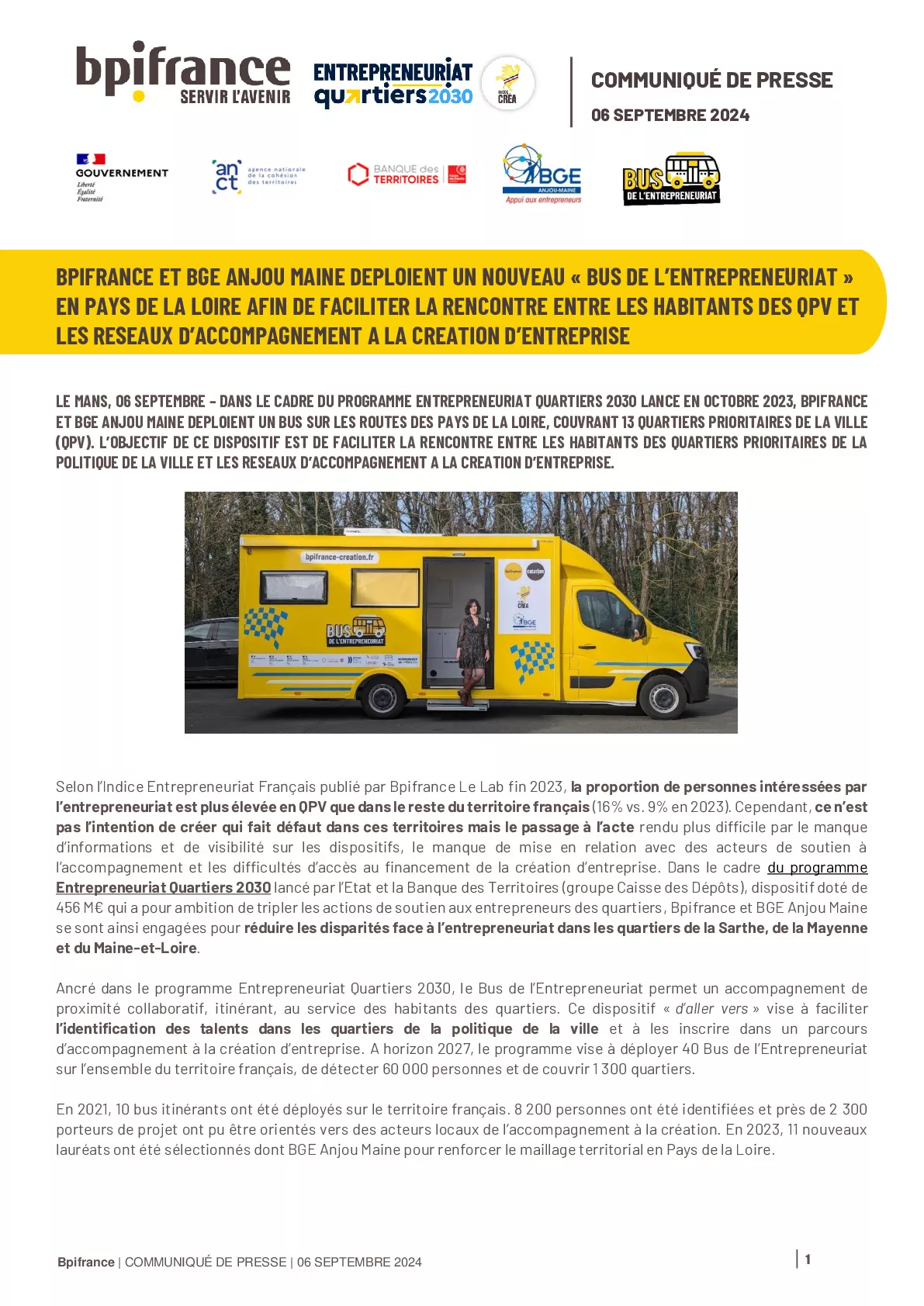 2024 09 06 – Bpifrance – Communiqué de presse – Bpifrance et BGE Anjou Maine deploient un nouveau « Bus De l’Entrepreneuriat » en Pays De La Loire afin de faciliter