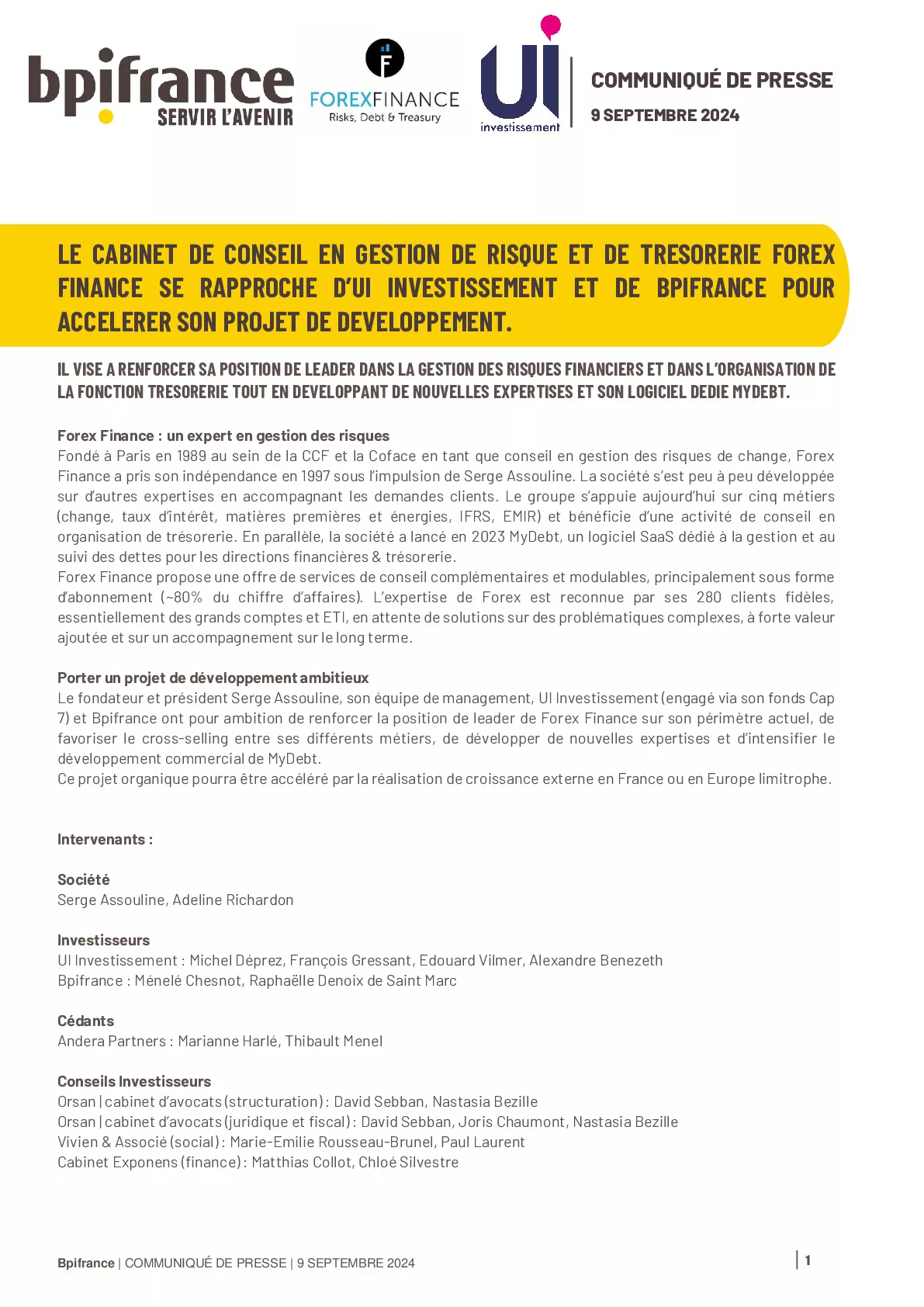 2024 09 09 – Bpifrance – Communiqué de Presse – Le cabinet de conseil en gestion de risque et de trésorerie Forex finance se rapproche d’Ui Investissement et de Bpifrance pour accél