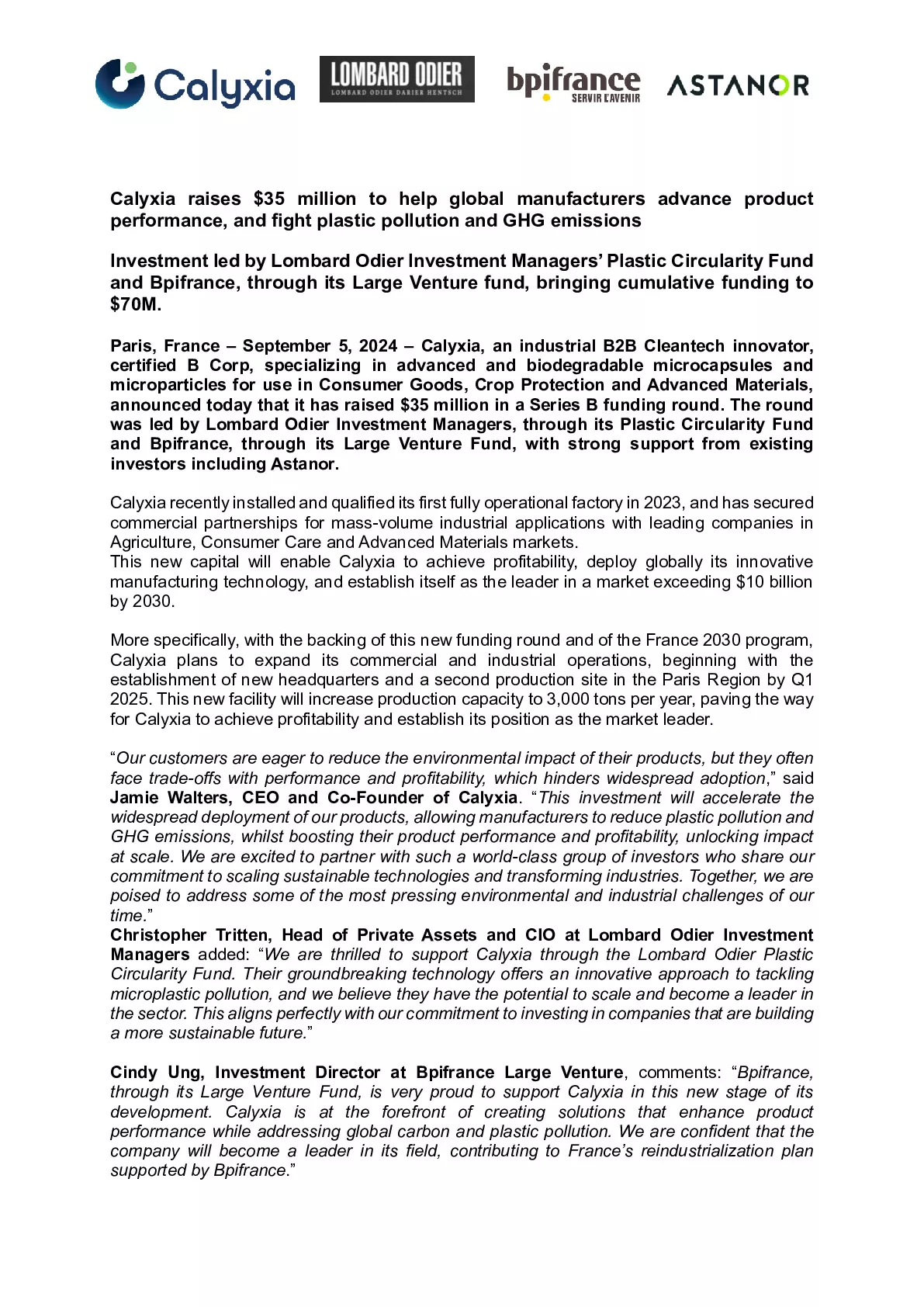 2024 09 05 – Calyxia raises $35 million to help global manufacturers advance product performance, and fight plastic pollution and GHG emissions