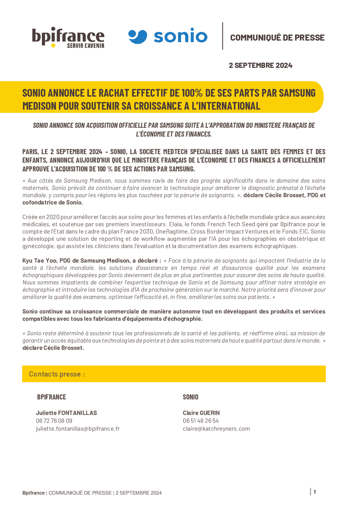 2024 09 02 – Bpifrance – Communiqué de presse – Sonio annonce le rachat effectif de 100% de ses parts par Samsung Medison pour soutenir sa croissance à l’international